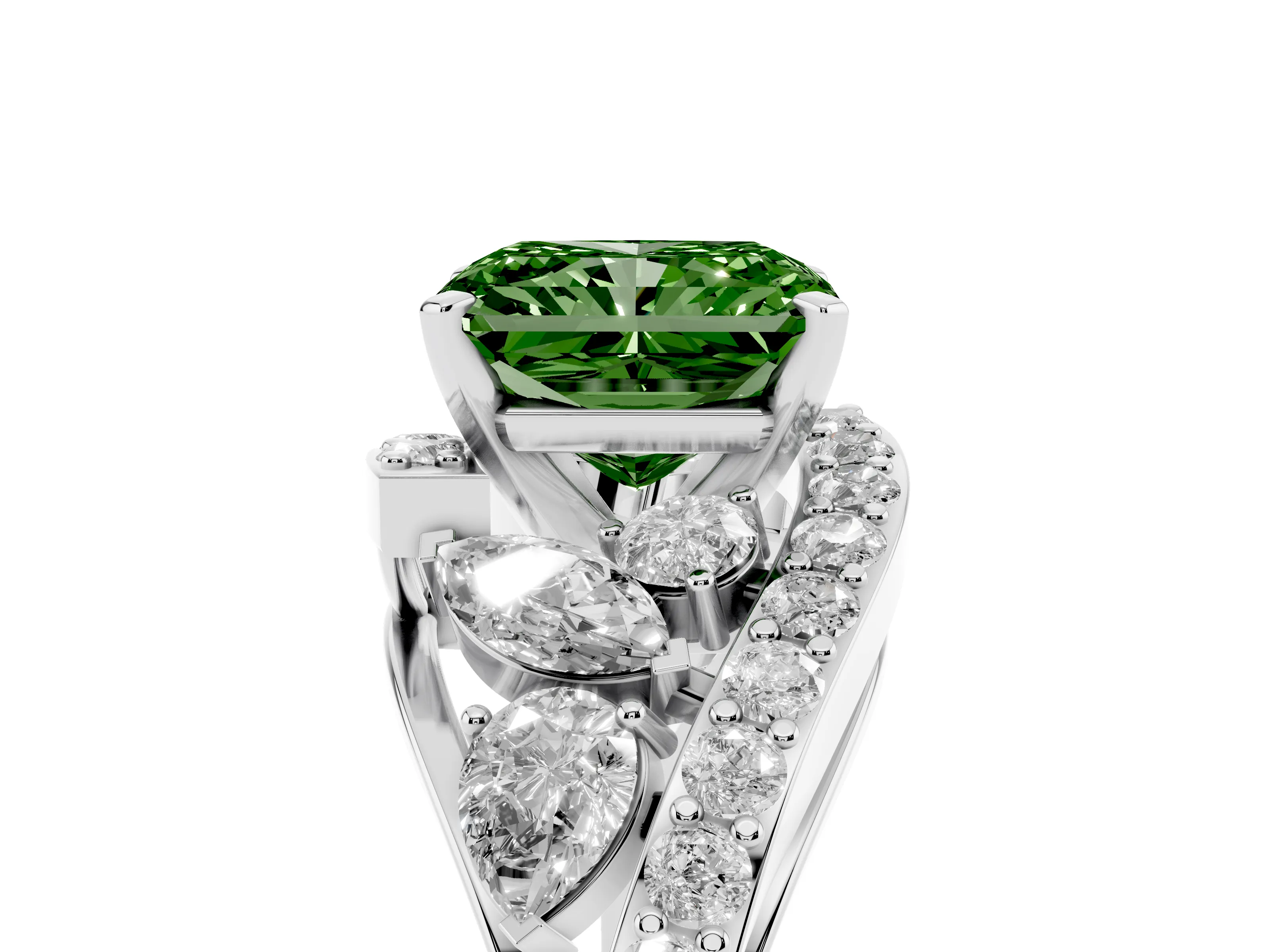 Fancy Green Radiant Cut Diamond Halo Ring Set in Silver with Marquise and Pavé Band in Prong Setting