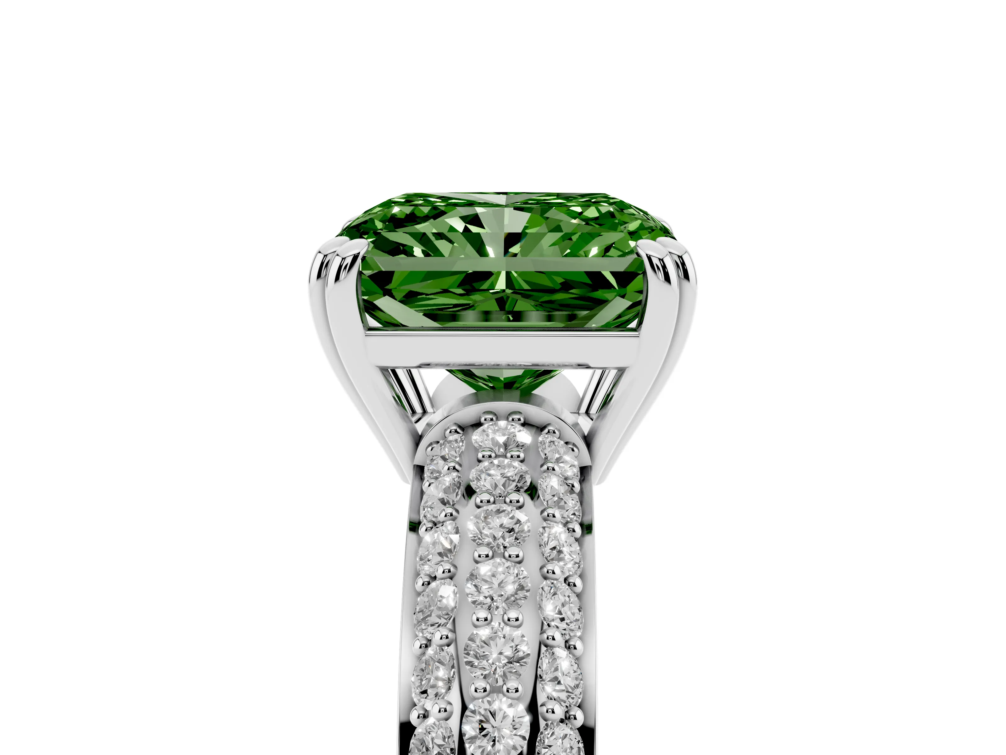 Fancy Green Radiant Cut Diamond Solitaire Ring Set in Platinum with Multi-Row Round Pavé Band and Prong Setting