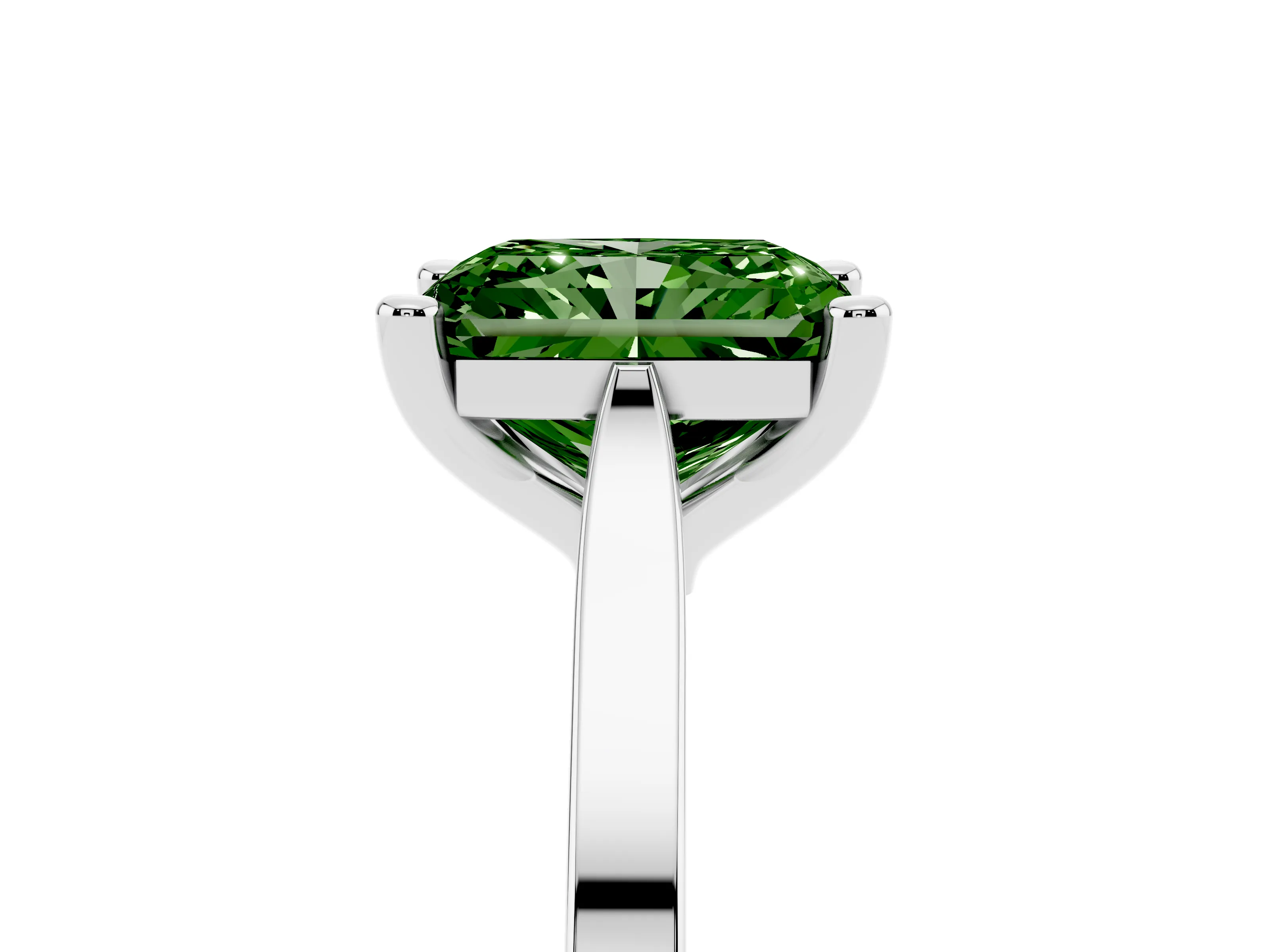 Fancy Green Radiant Cut Diamond Solitaire Ring Set in Silver with Prong Setting and Tapered Band