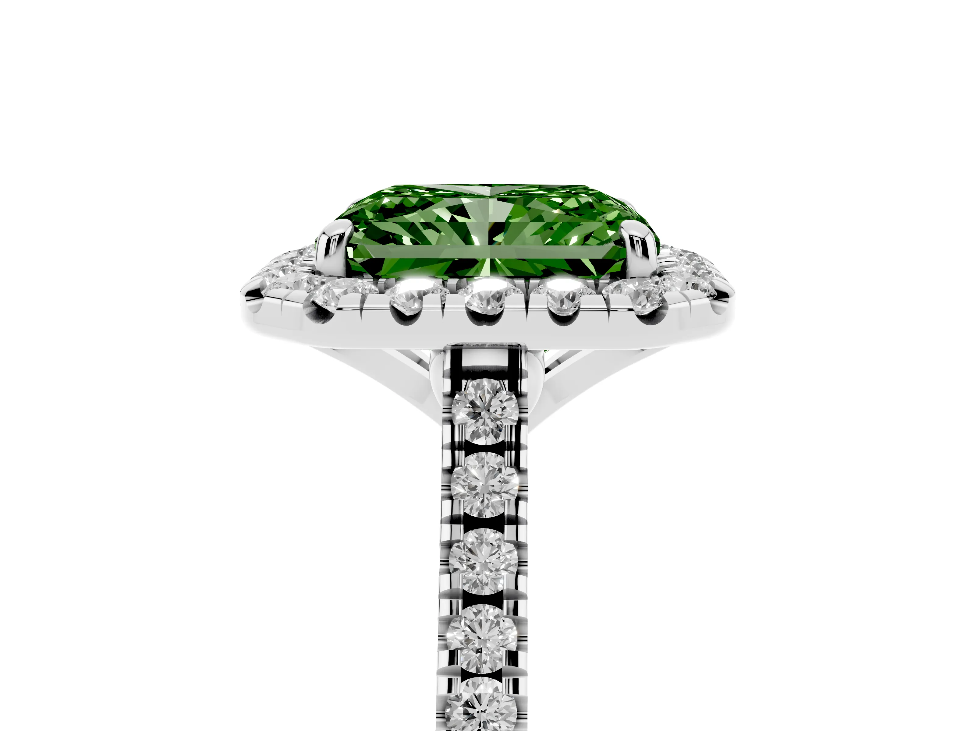 Fancy Green Radiant Cut Diamond Cushion Halo Ring Set in White gold with Pavé Band