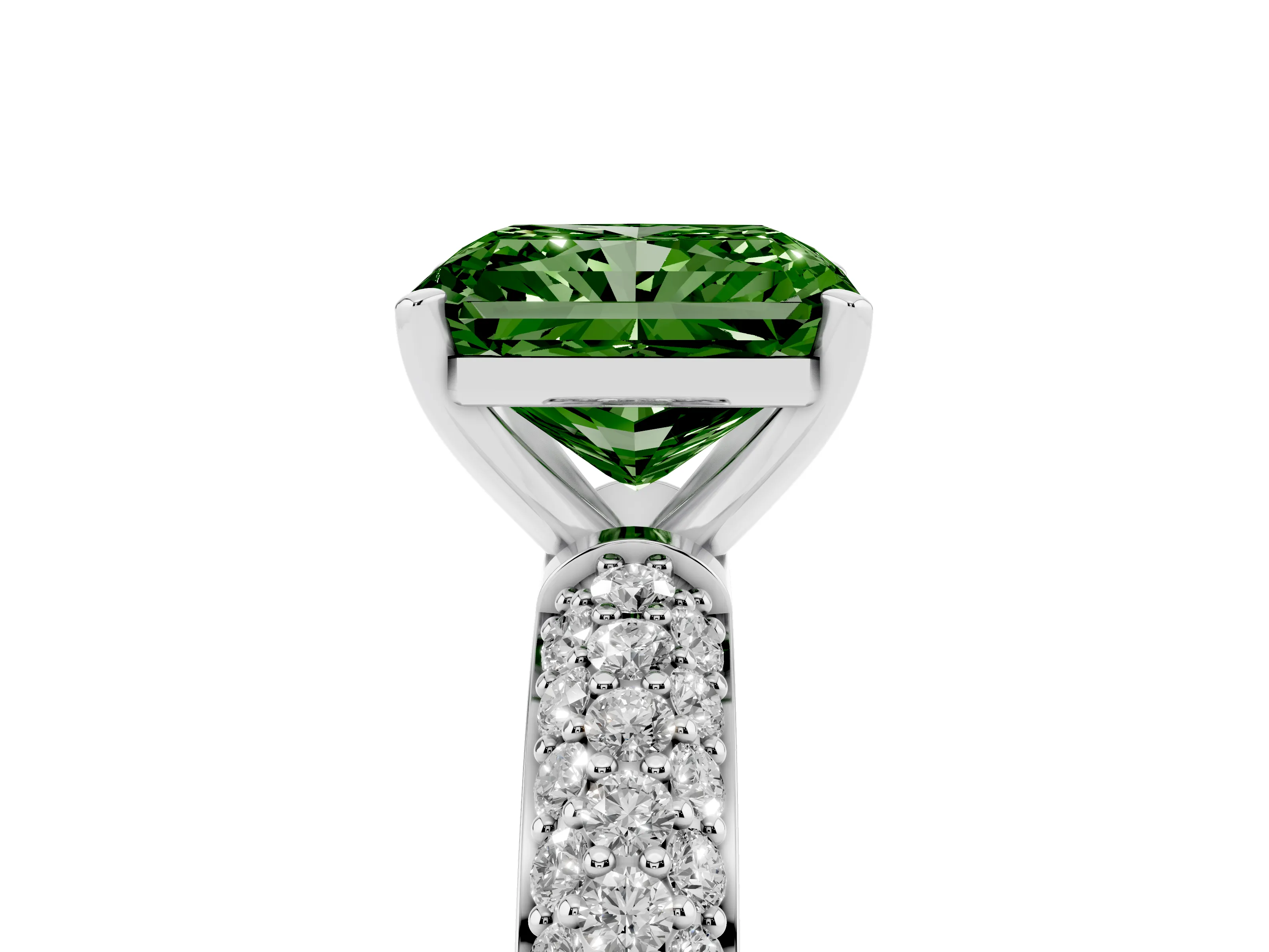 Fancy Green Radiant Cut Diamond Solitaire Ring Set in Platinum with Prong Setting and Pavé-Set Band