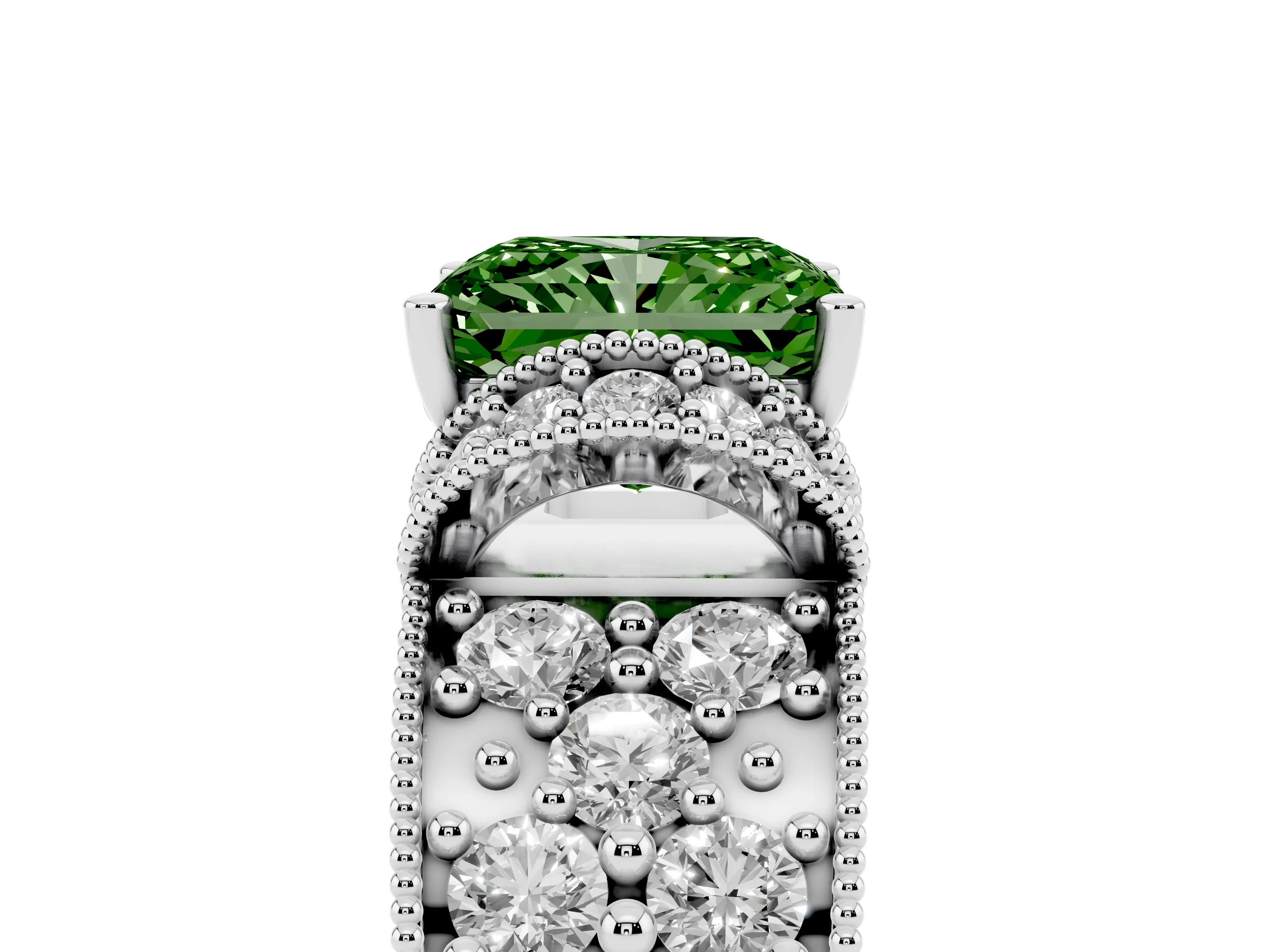 Fancy Green Radiant Cut Diamond Milgrain Halo Pavé Engagement Ring Set in White gold with Prong Setting