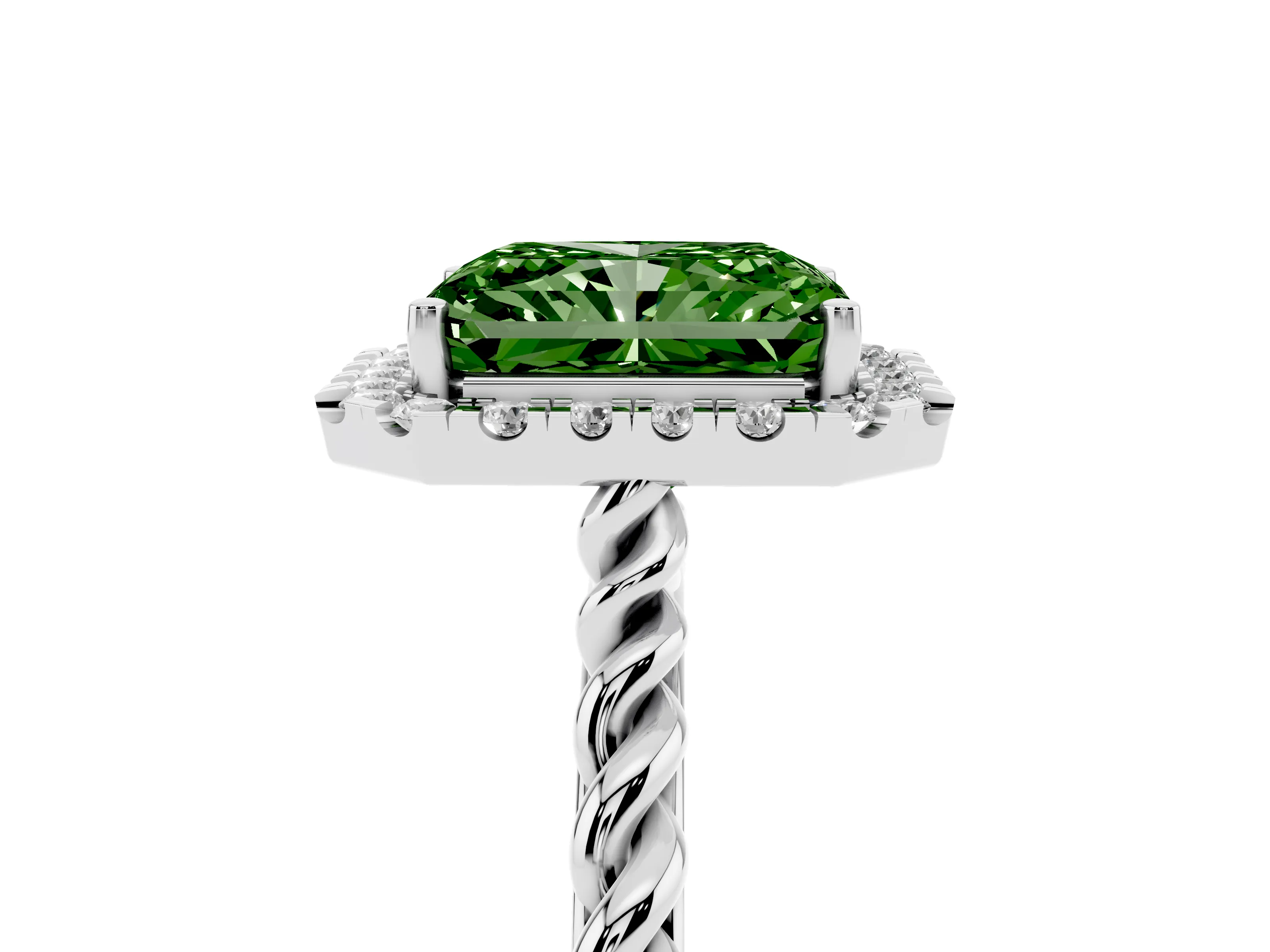 Fancy Green Radiant Cut Diamond Halo Ring Set in Platinum with Plain Twisted Band