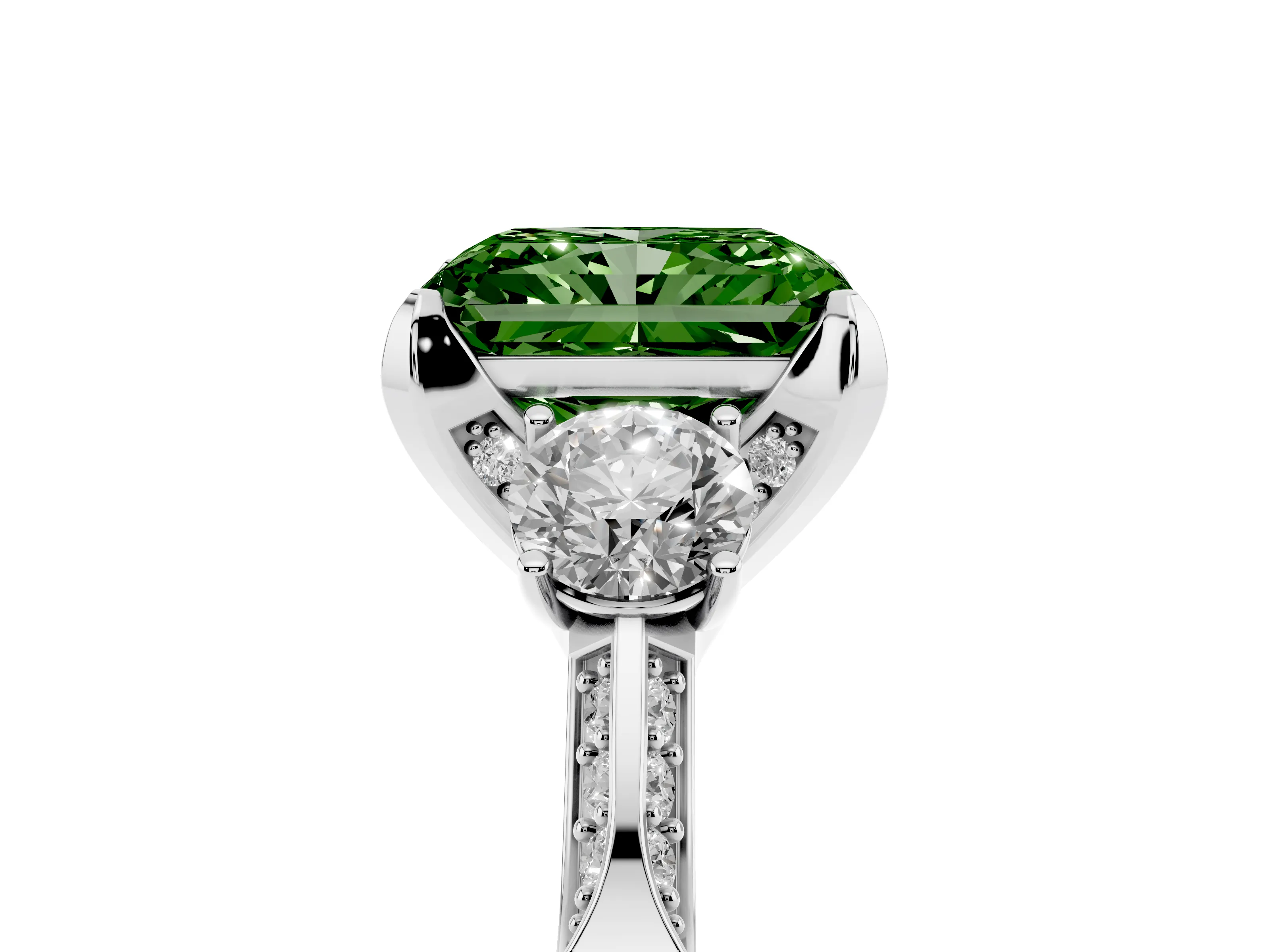 Fancy Green Radiant Cut Diamond Three-Stone Ring Set in Silver with Pavé Band and Smaller Side Stones