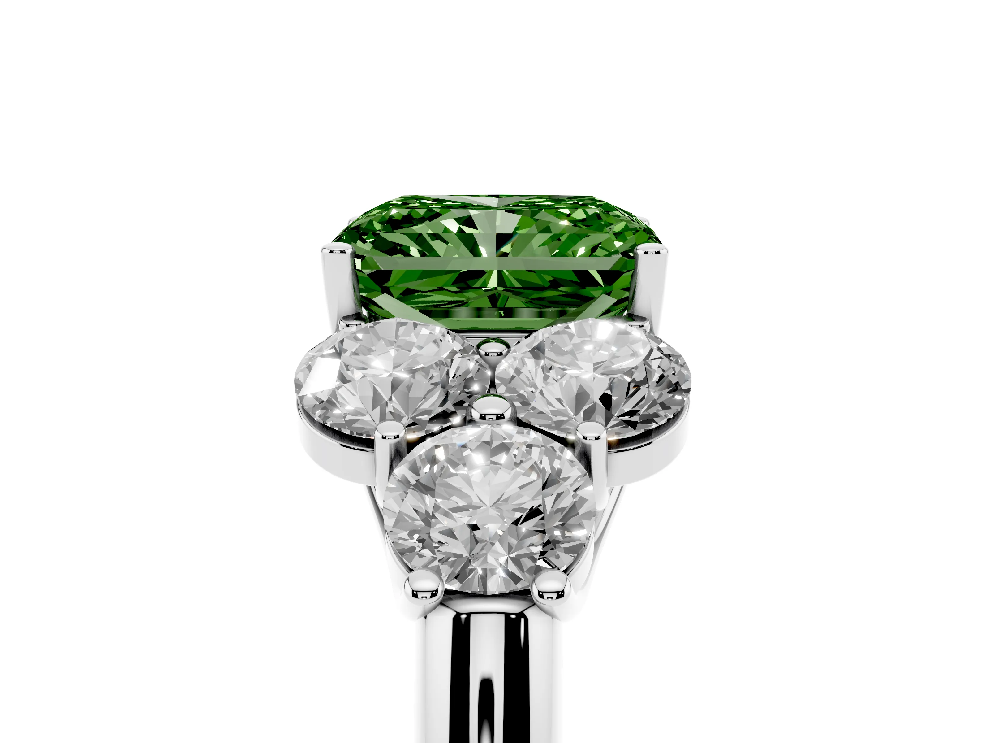 Fancy Green Radiant Cut Diamond Cluster Ring Set in Platinum with Round Accent Stones and Prong Setting on a Plain Band