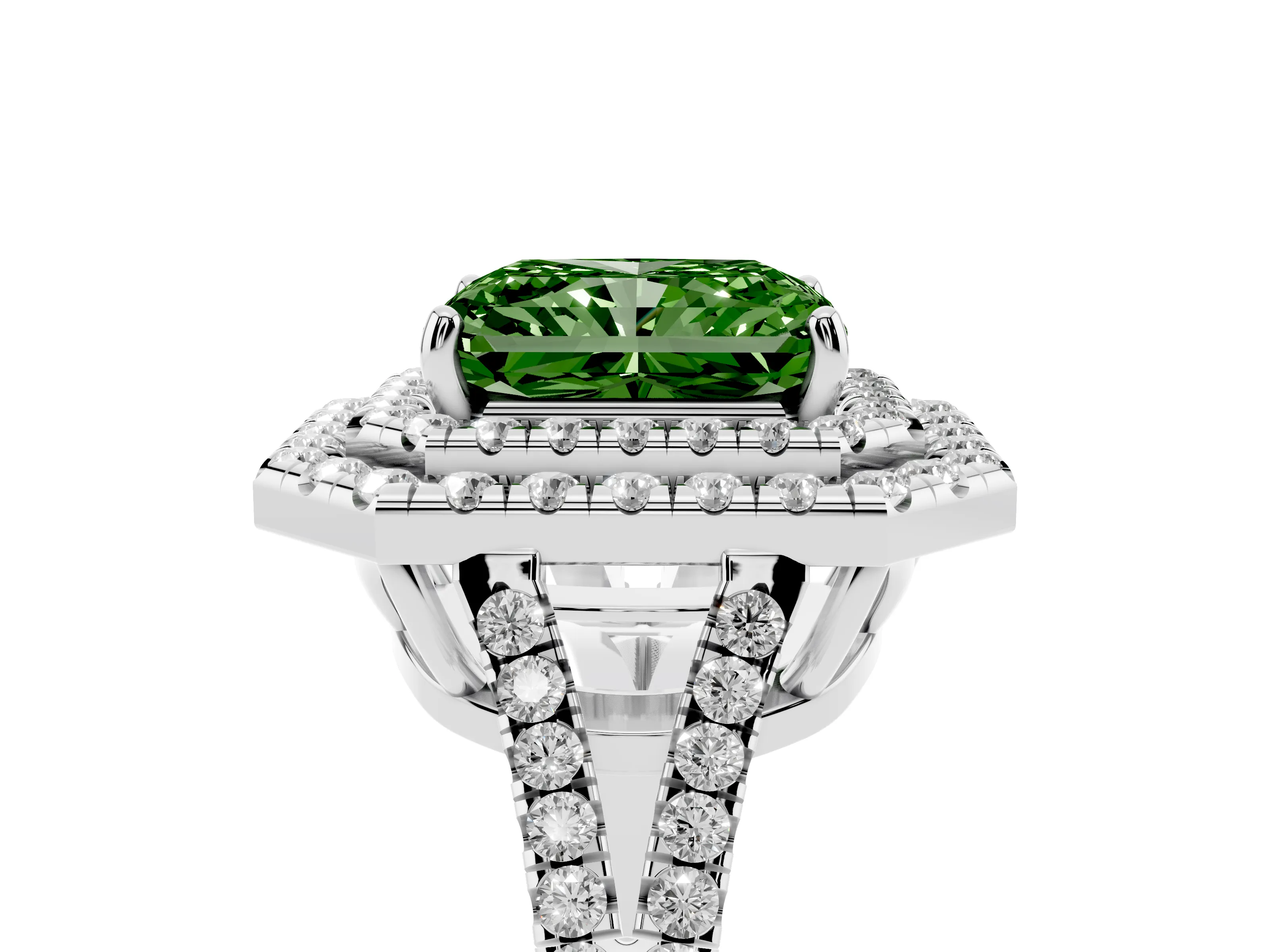 Fancy Green Radiant Cut Diamond Double Halo Ring Set in White gold with Pavé Band