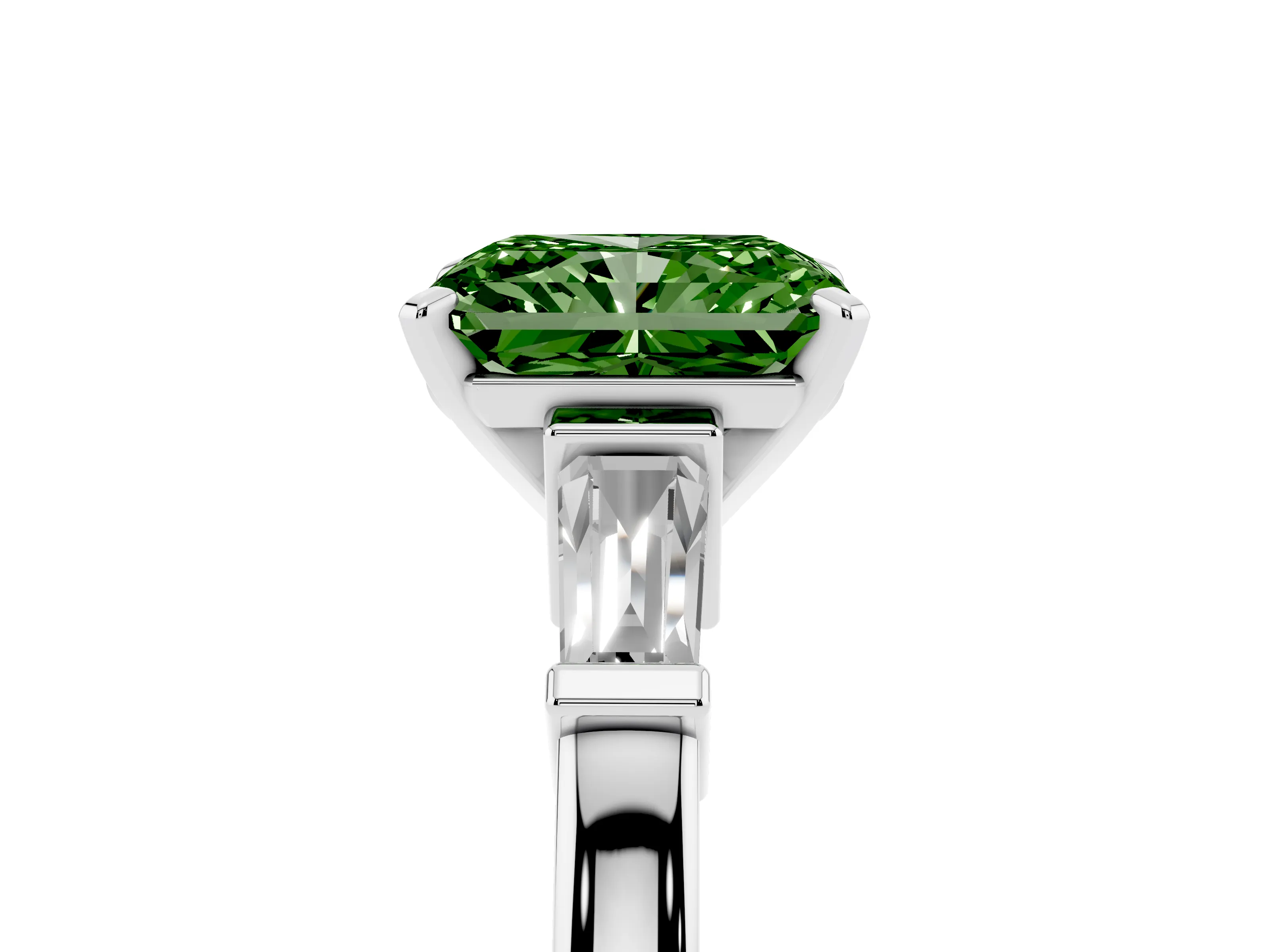 Fancy Green Radiant Cut Diamond Solitaire Ring Set in White gold with Tapered Baguette Accents and Prong Setting