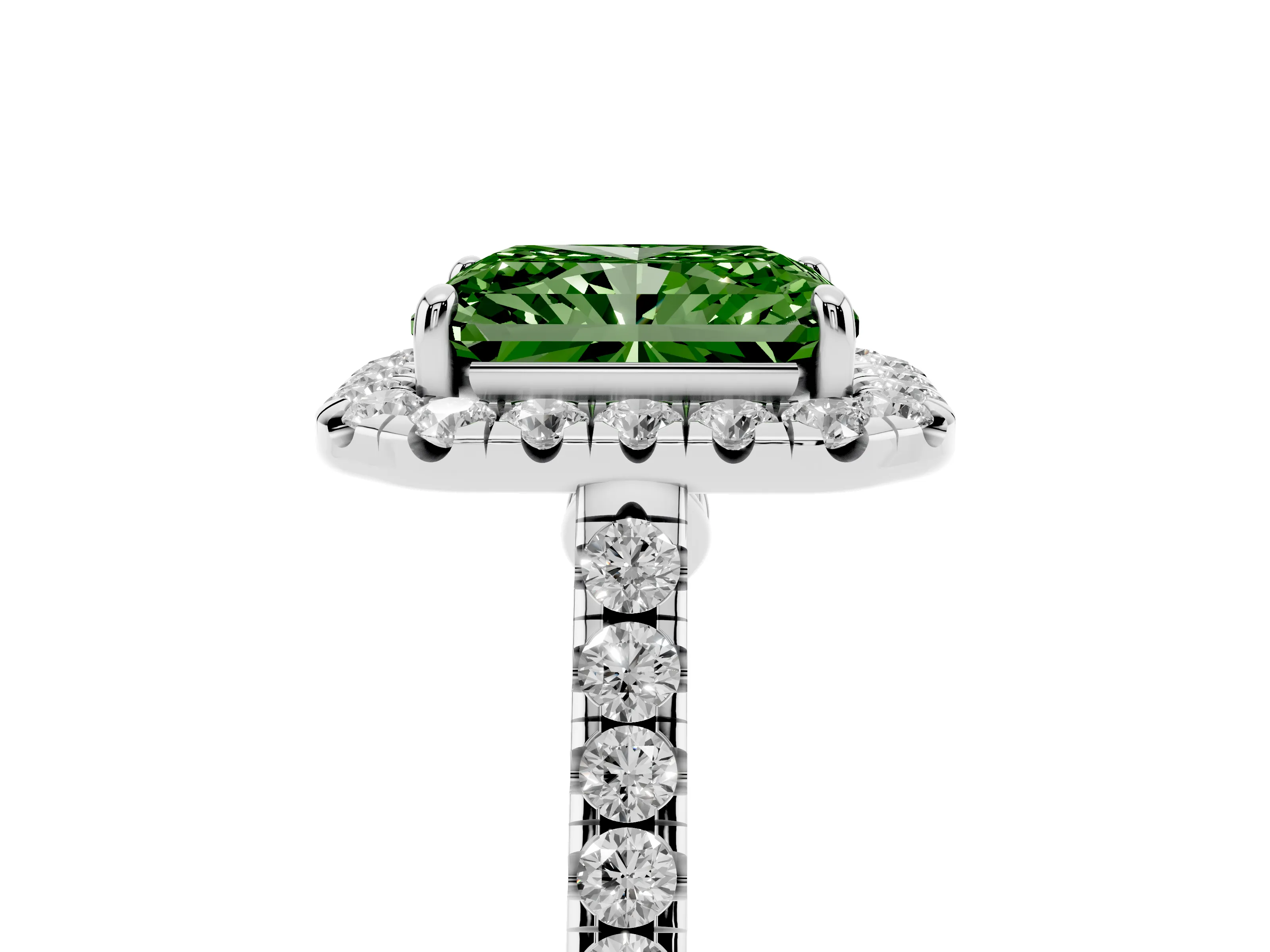 Fancy Green Radiant Cut Diamond Halo Pavé Engagement Ring Set in Platinum with Prong Setting