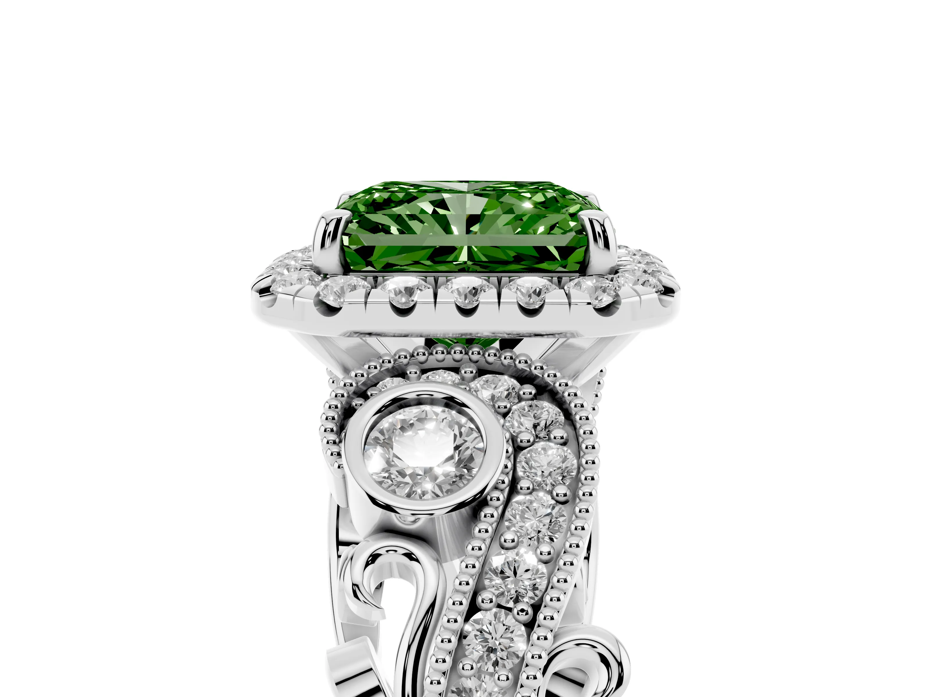 Fancy Green Radiant Cut Diamond Halo Ring Set in Silver with Milgrain Pavé Band and Prong Setting