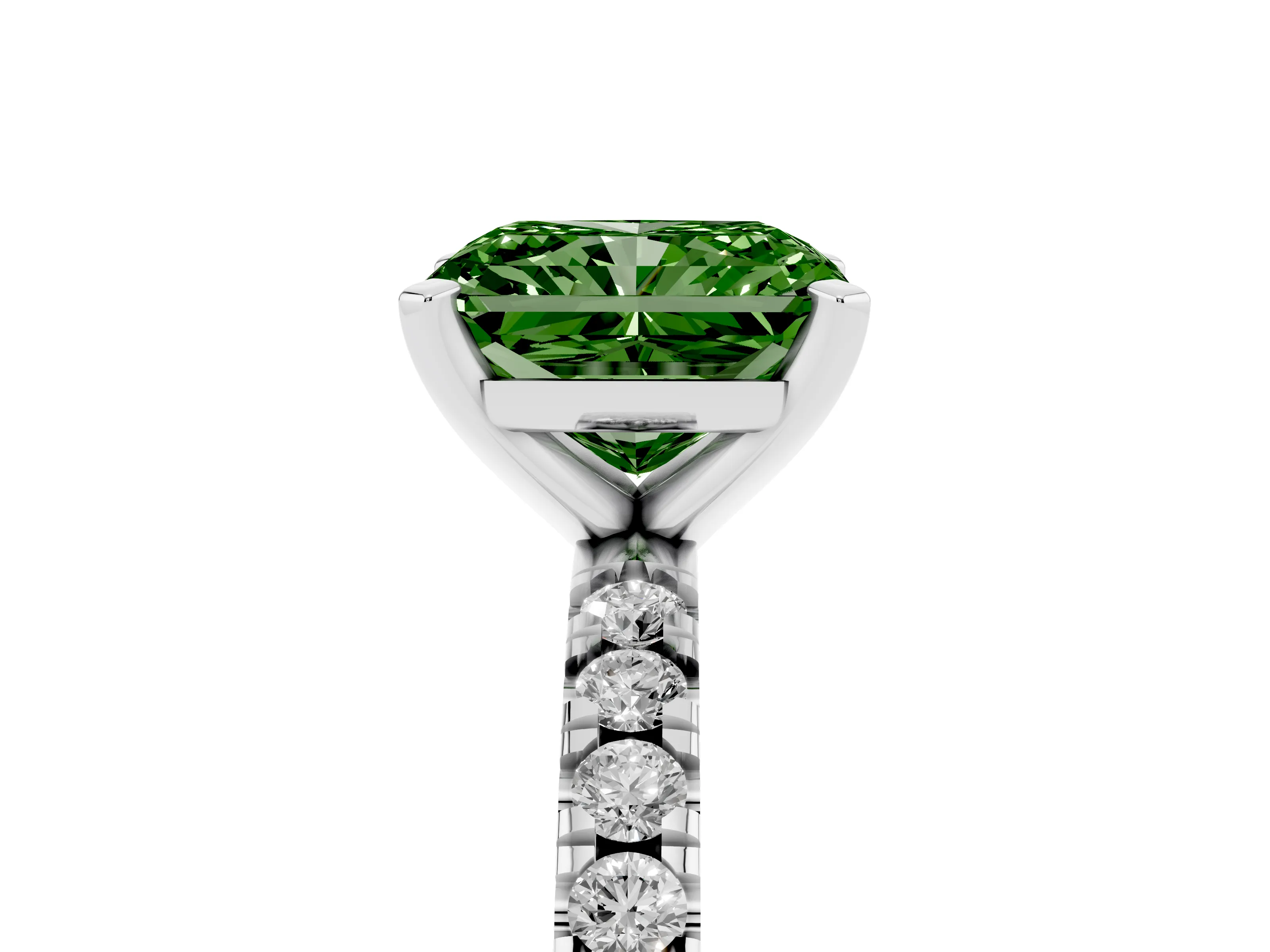 Fancy Green Radiant Cut Diamond Pavé Band Solitaire Set in Silver with Prong Setting