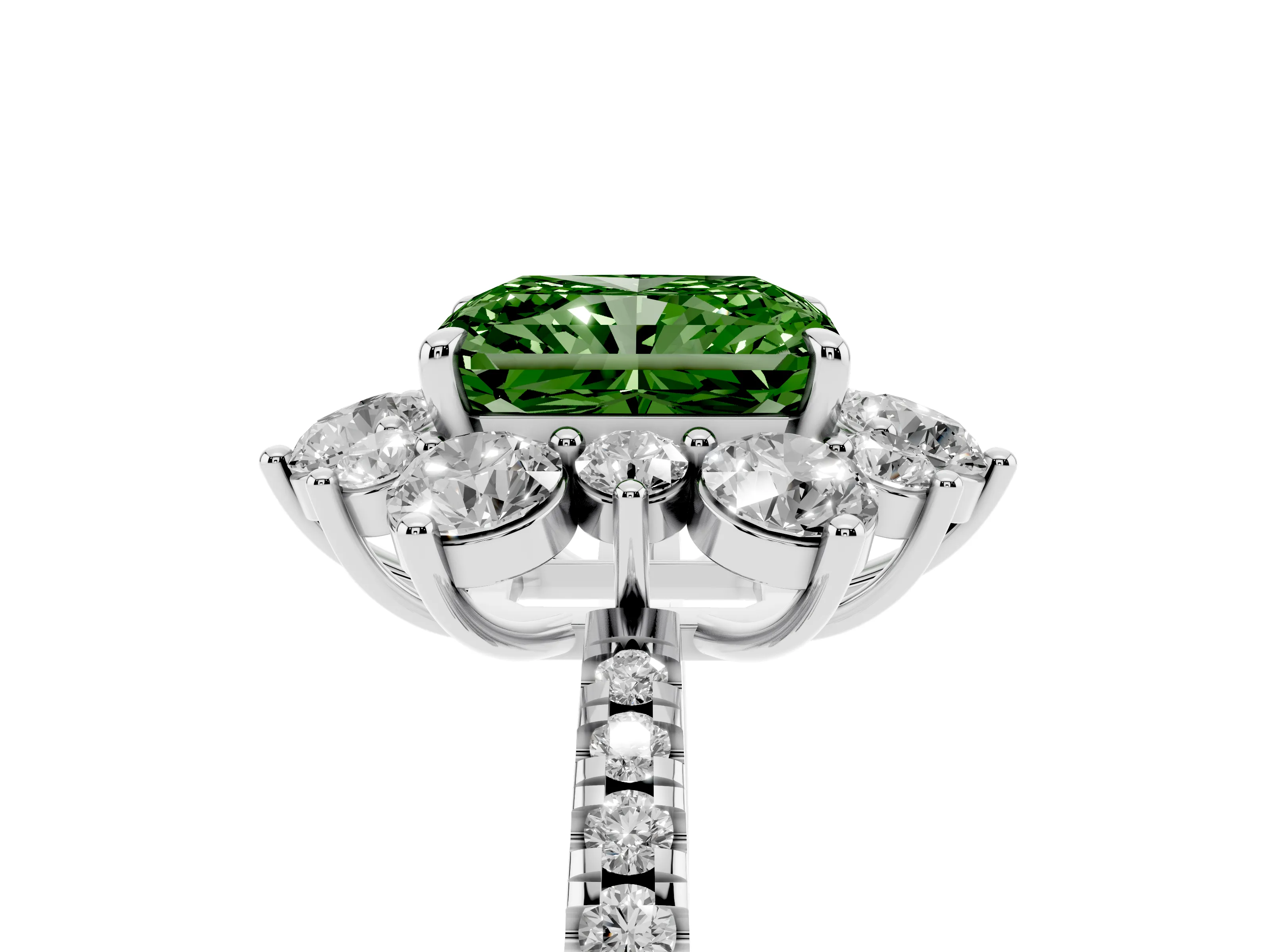 Fancy Green Radiant Cut Diamond Floral Halo Ring Set in Silver with Round Pavé Band and Prong Setting
