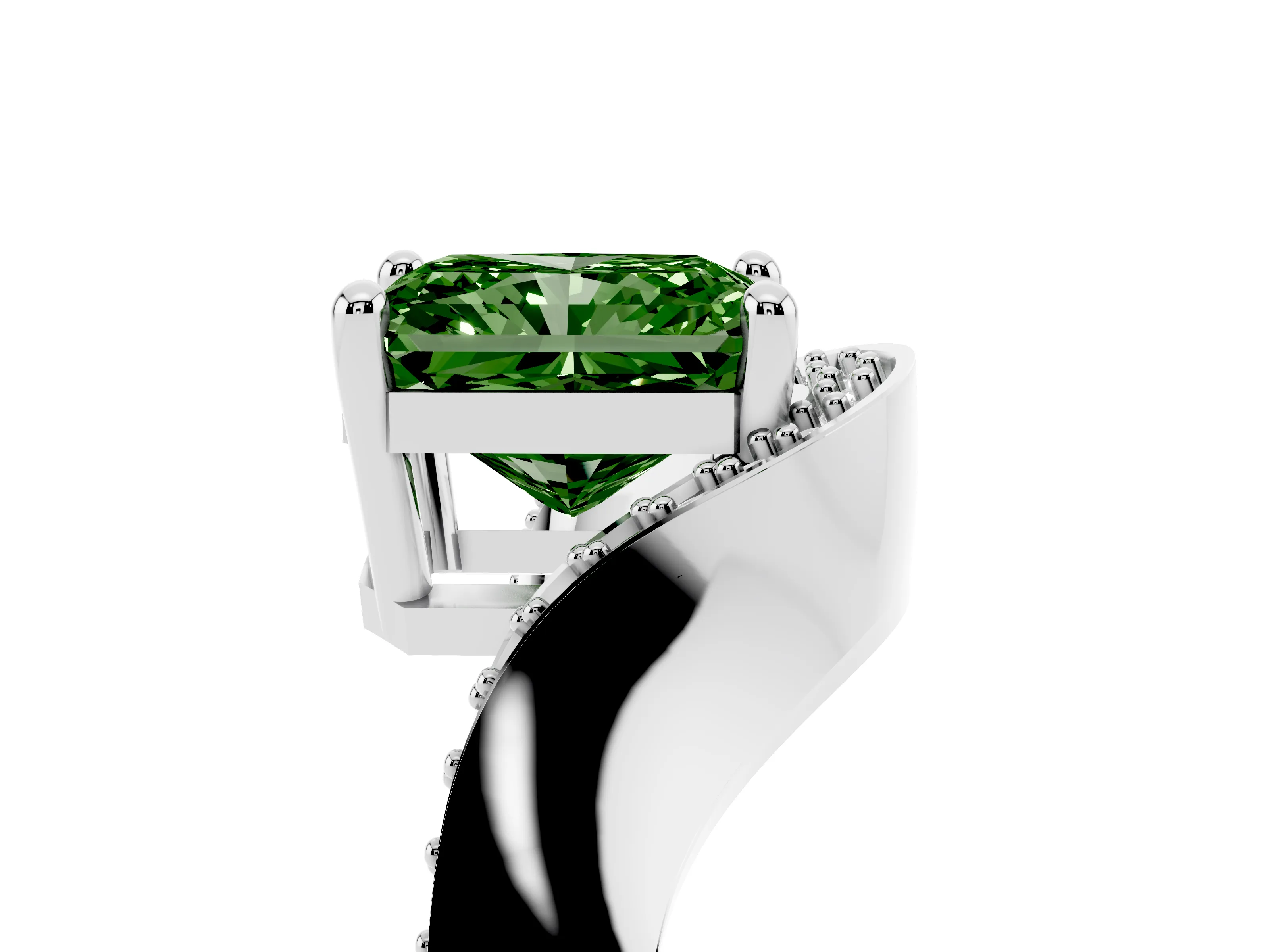 Fancy Green Radiant Cut Diamond Solitaire Engagement Ring Set in Platinum with Pavé Shoulders