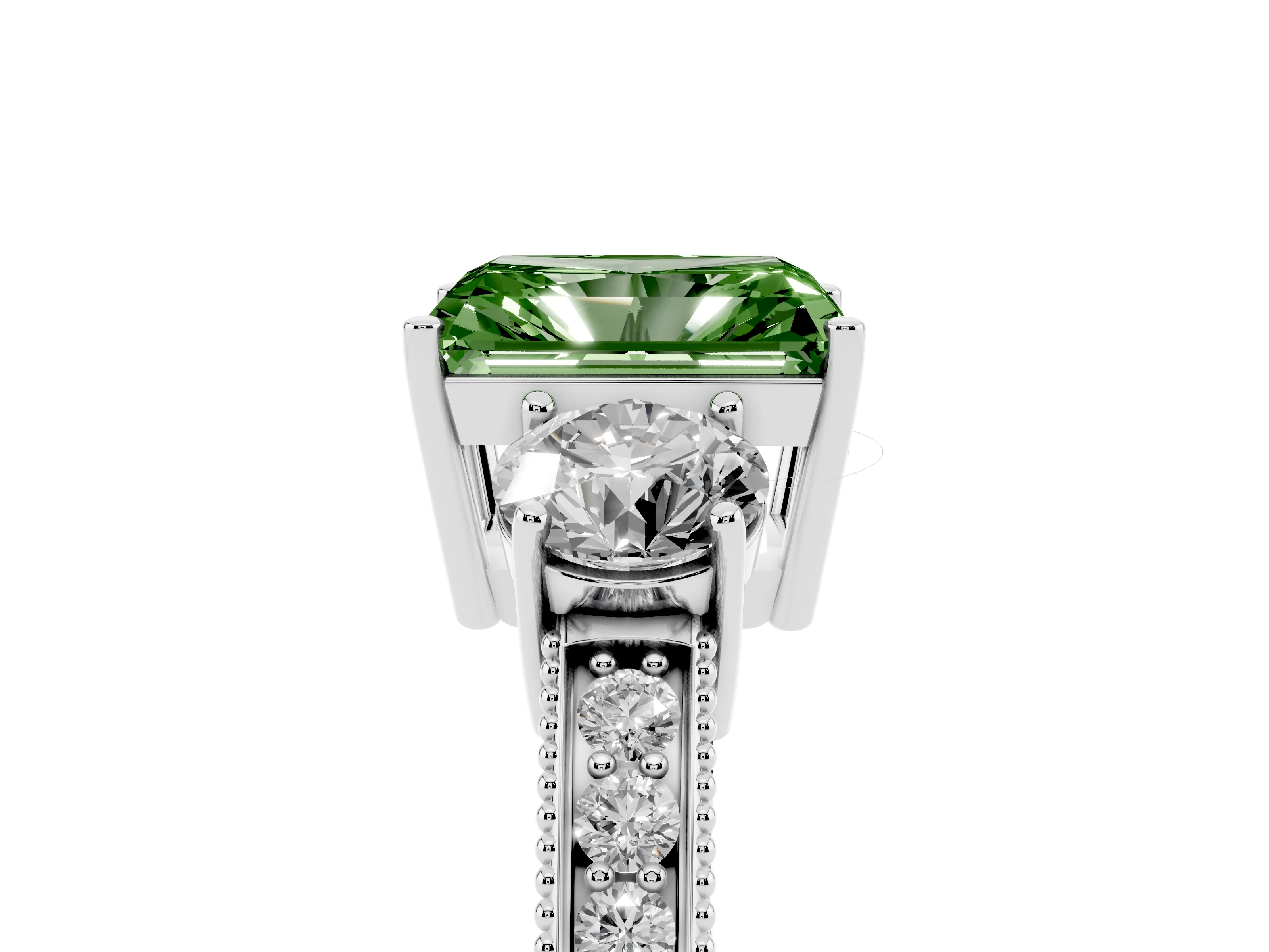 Fancy Green Radiant Cut Diamond Three-Stone Ring Set in Platinum with Round Side Stones and Pavé Band