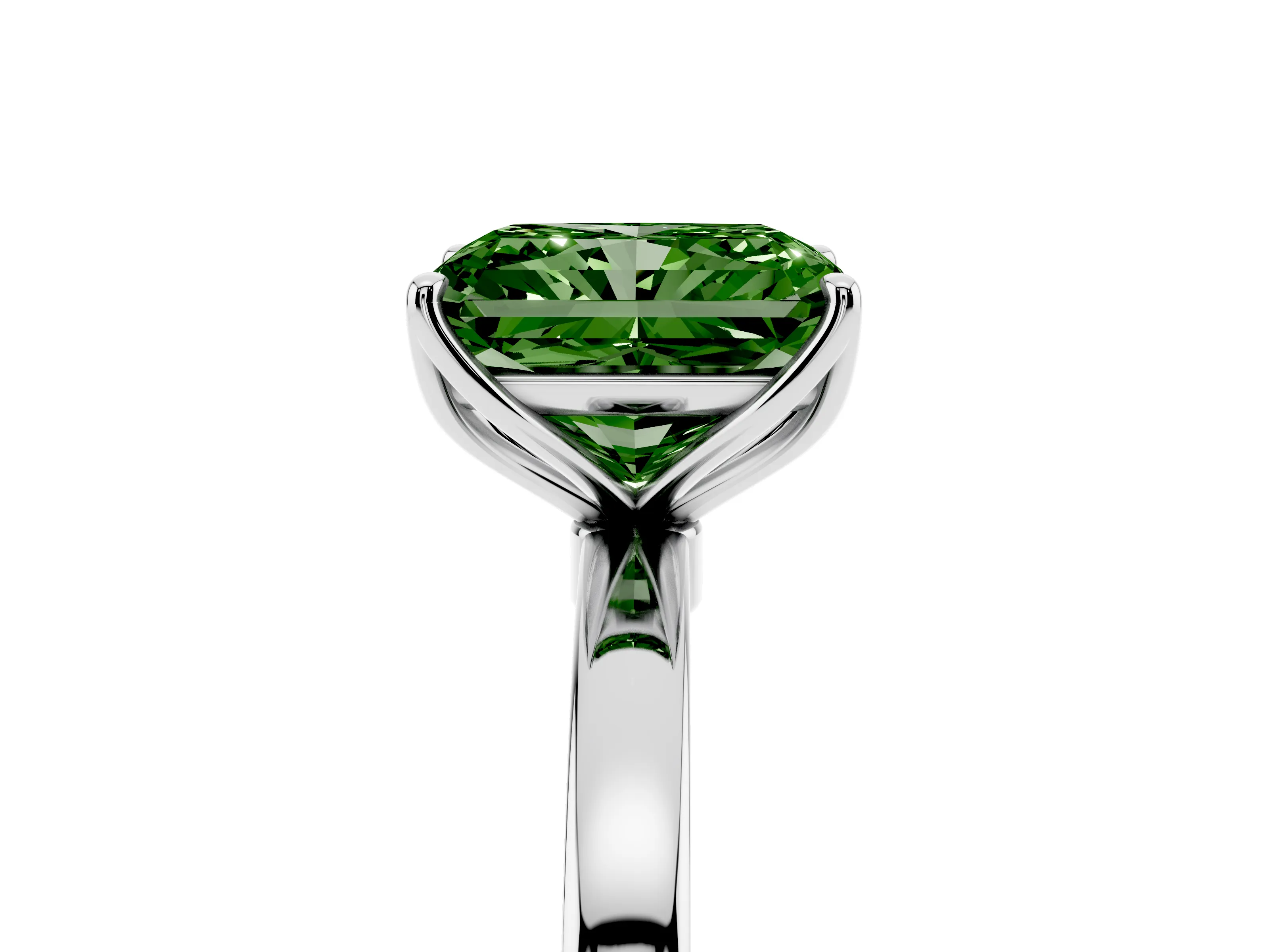 Fancy Green Radiant Cut Diamond Solitaire Ring Set in Platinum with Prong Setting and Thin Polished Band