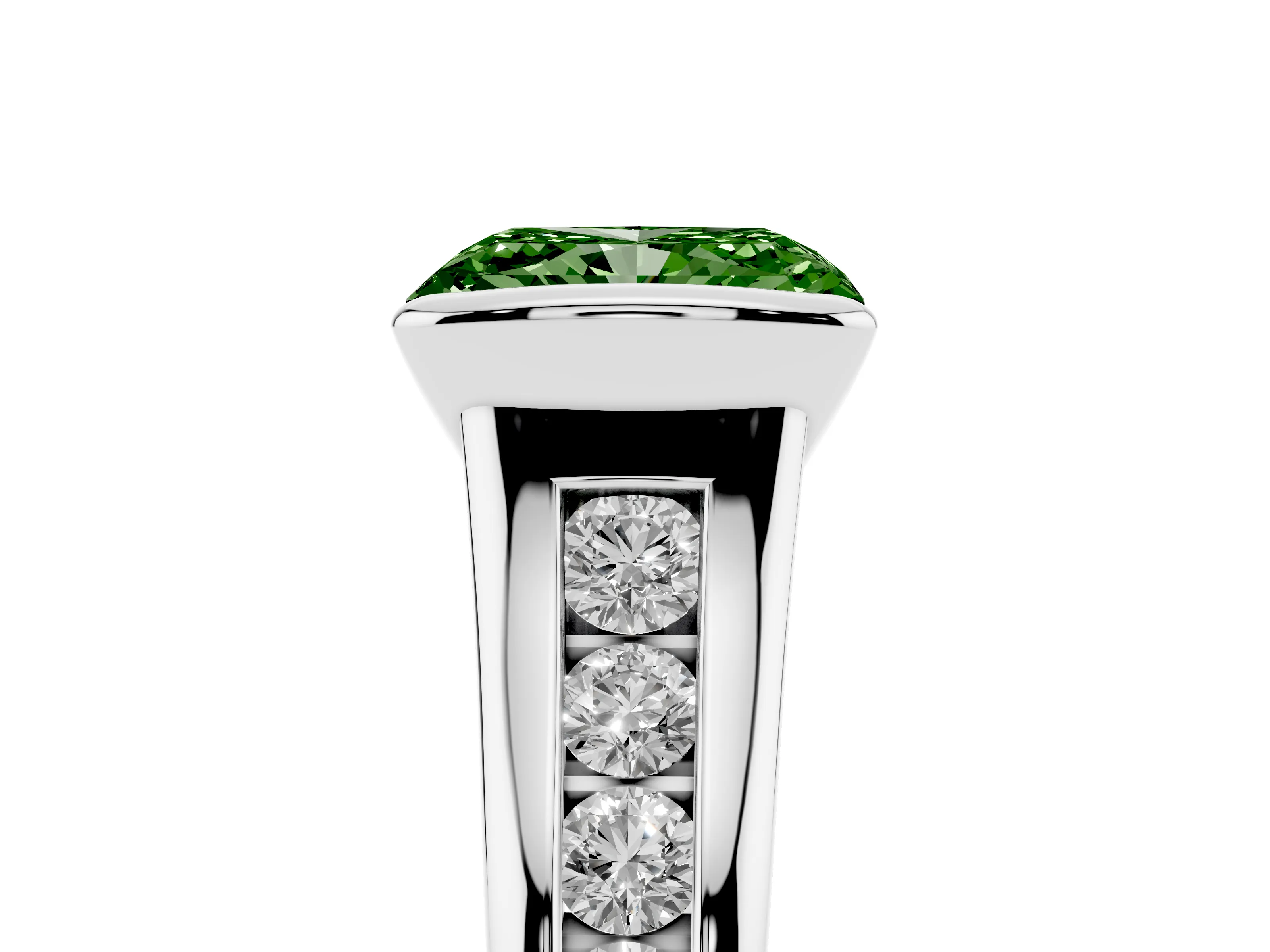 Fancy Green Radiant Cut Diamond Bezel-Set Solitaire Ring Set in White gold with Channel-Set Band