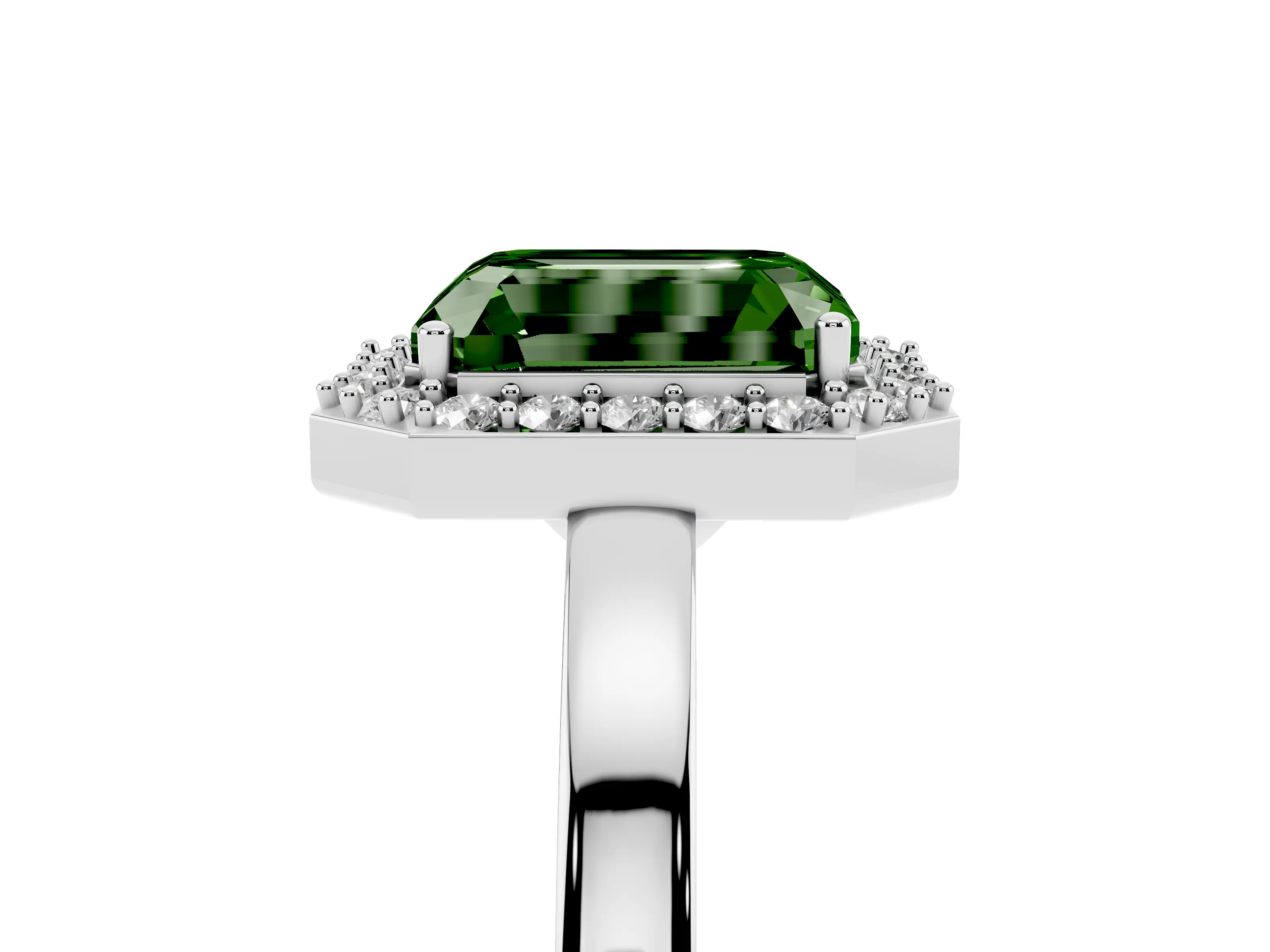 Fancy Green Radiant Cut Diamond Halo Ring Set in Silver with Solitaire Band and Prong Setting