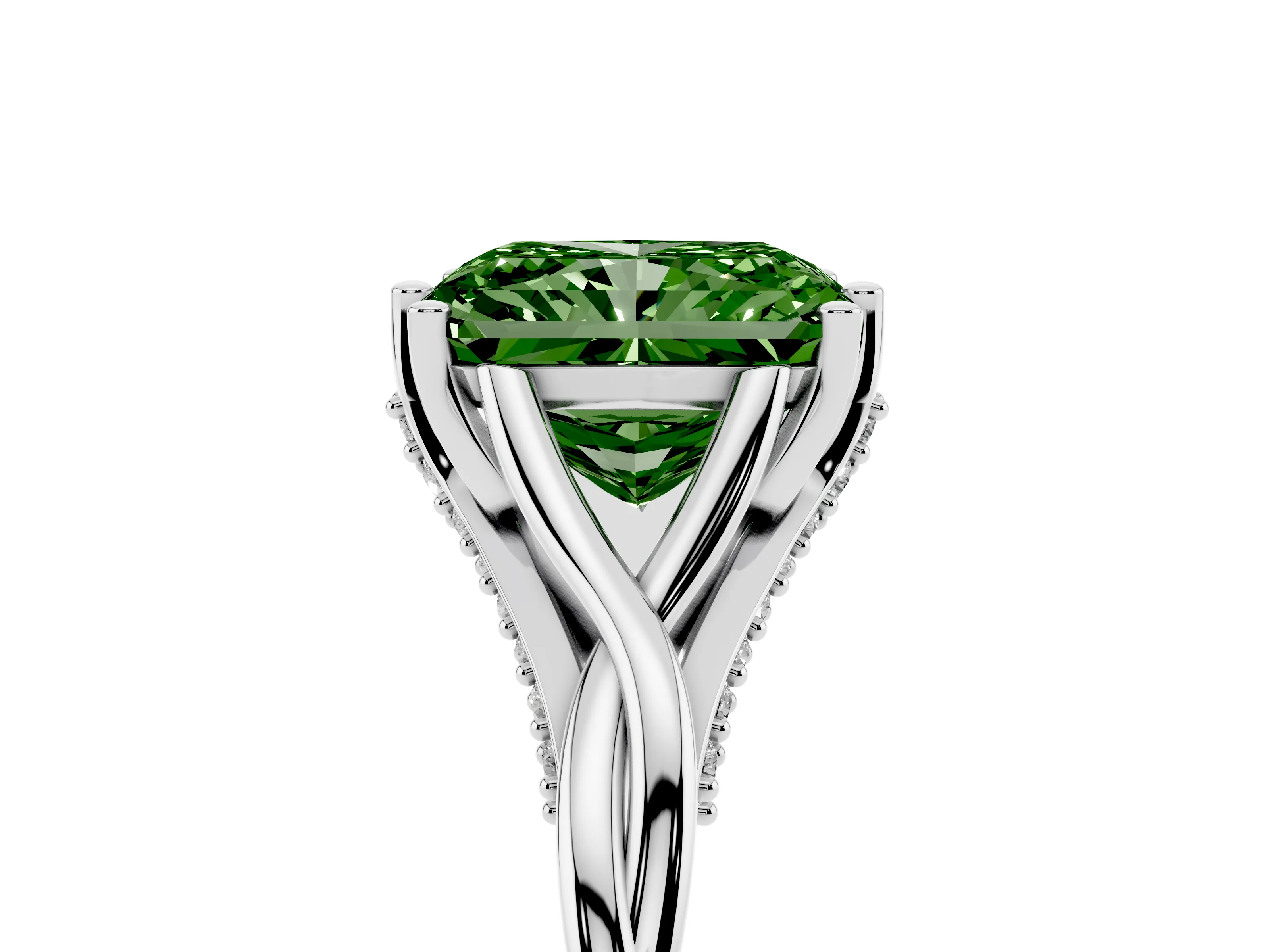 Fancy Green Radiant Cut Diamond Intertwined Twist Band Solitaire Ring Set in White gold with Prong Setting