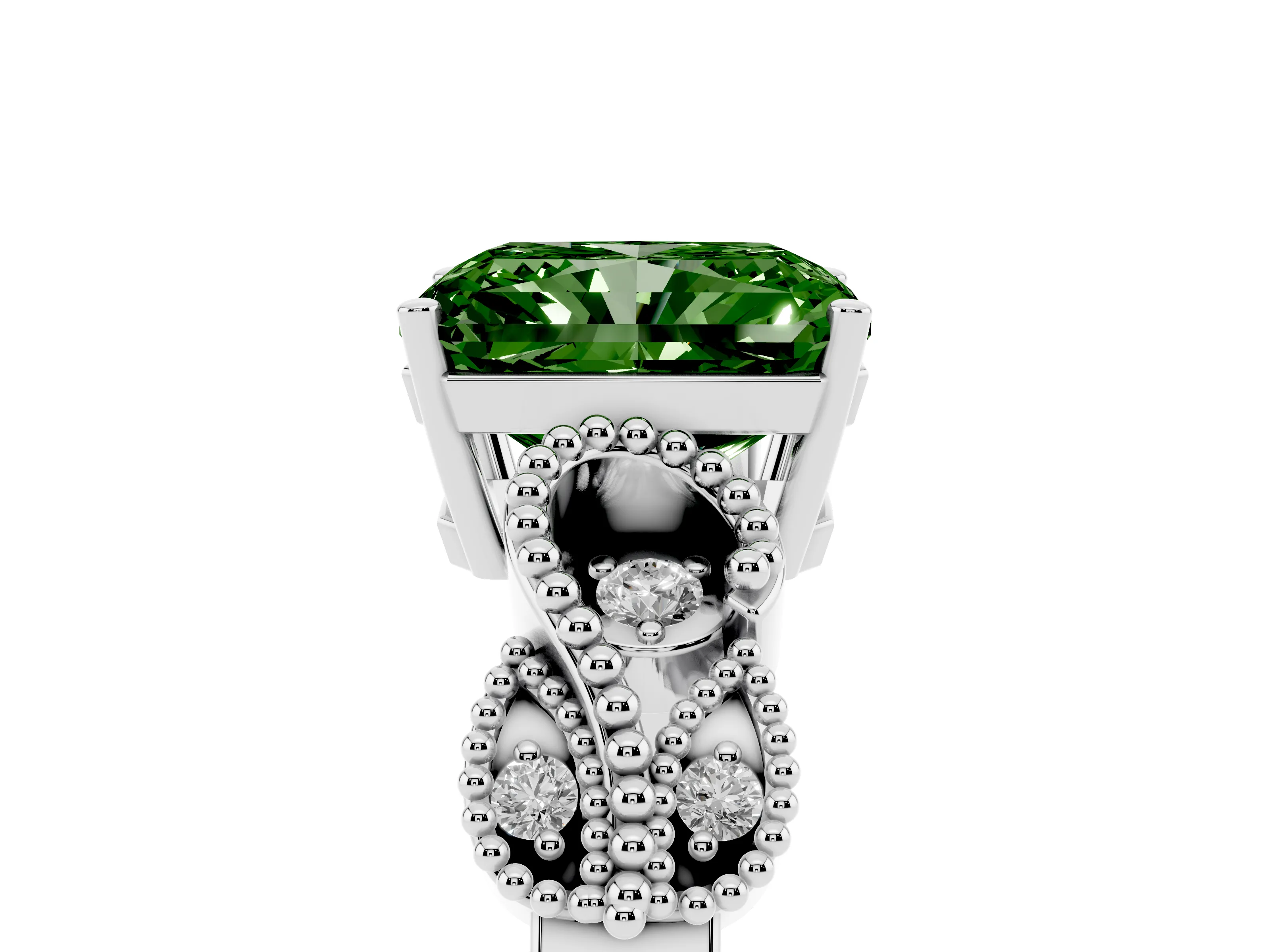 Fancy Green Radiant Cut Diamond Milgrain Leaf Band Solitaire Ring Set in Silver with Accent Stones and Prong Setting