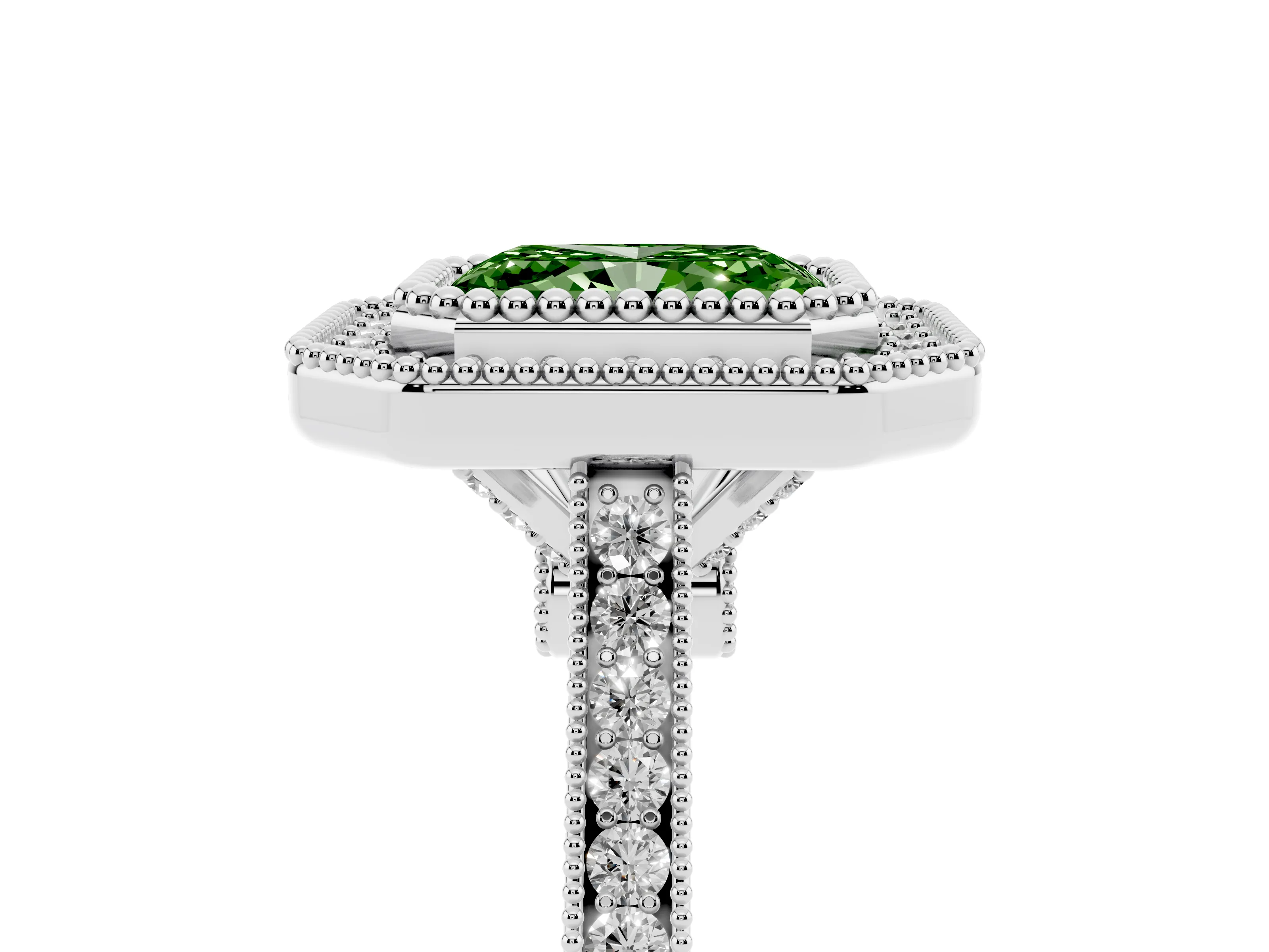 Fancy Green Radiant Cut Diamond Halo Ring Set in White gold with Milgrain Frame and Pavé Band