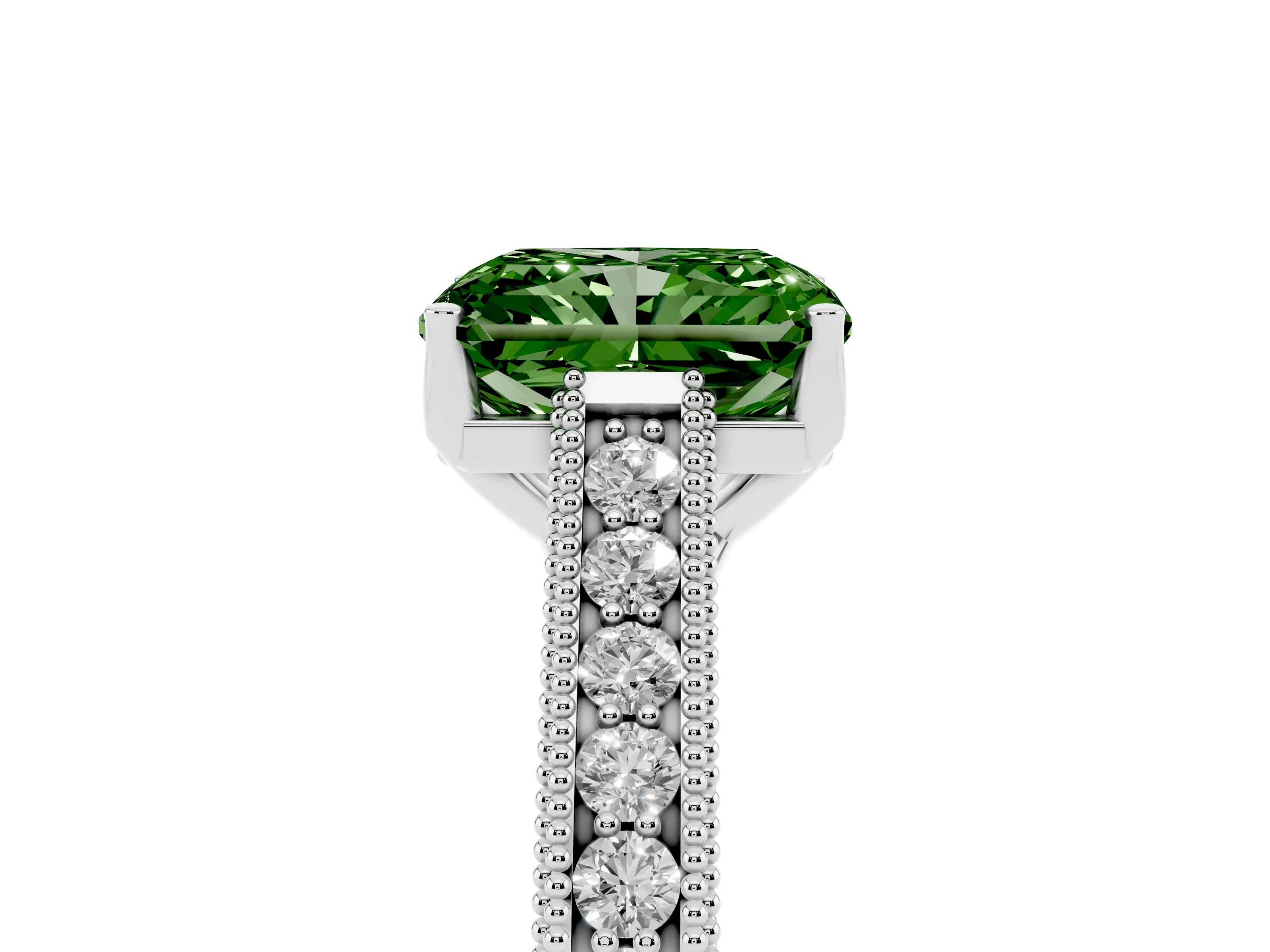 Fancy Green Radiant Cut Diamond Milgrain Pavé Band Solitaire Ring Set in Silver with Prong Setting
