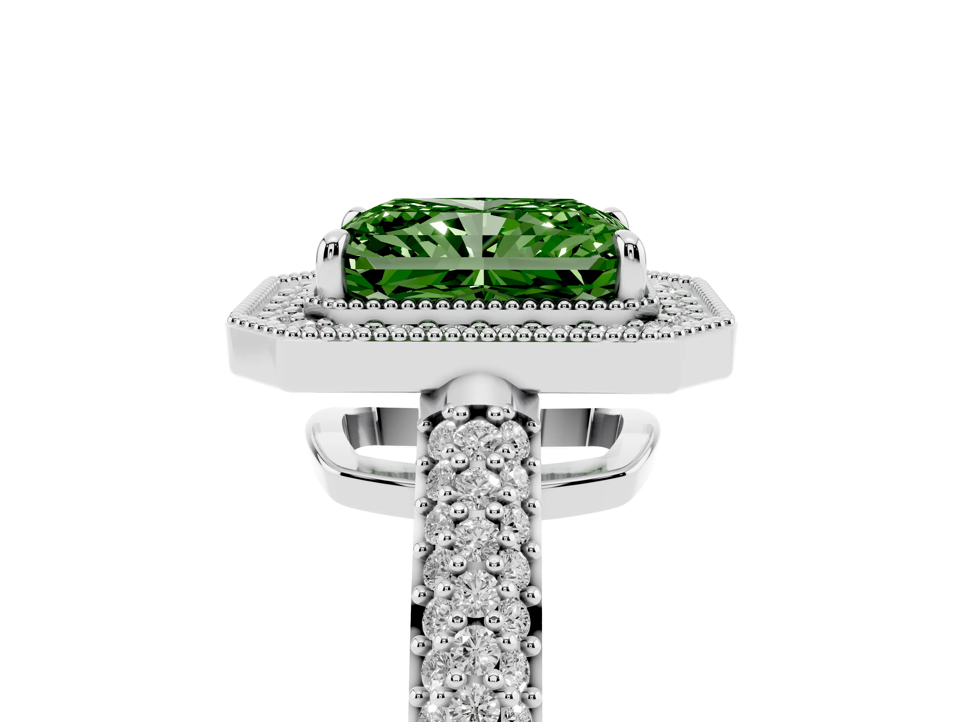Fancy Green Radiant Cut Diamond Halo Pavé Band Set in White gold with Prong Setting