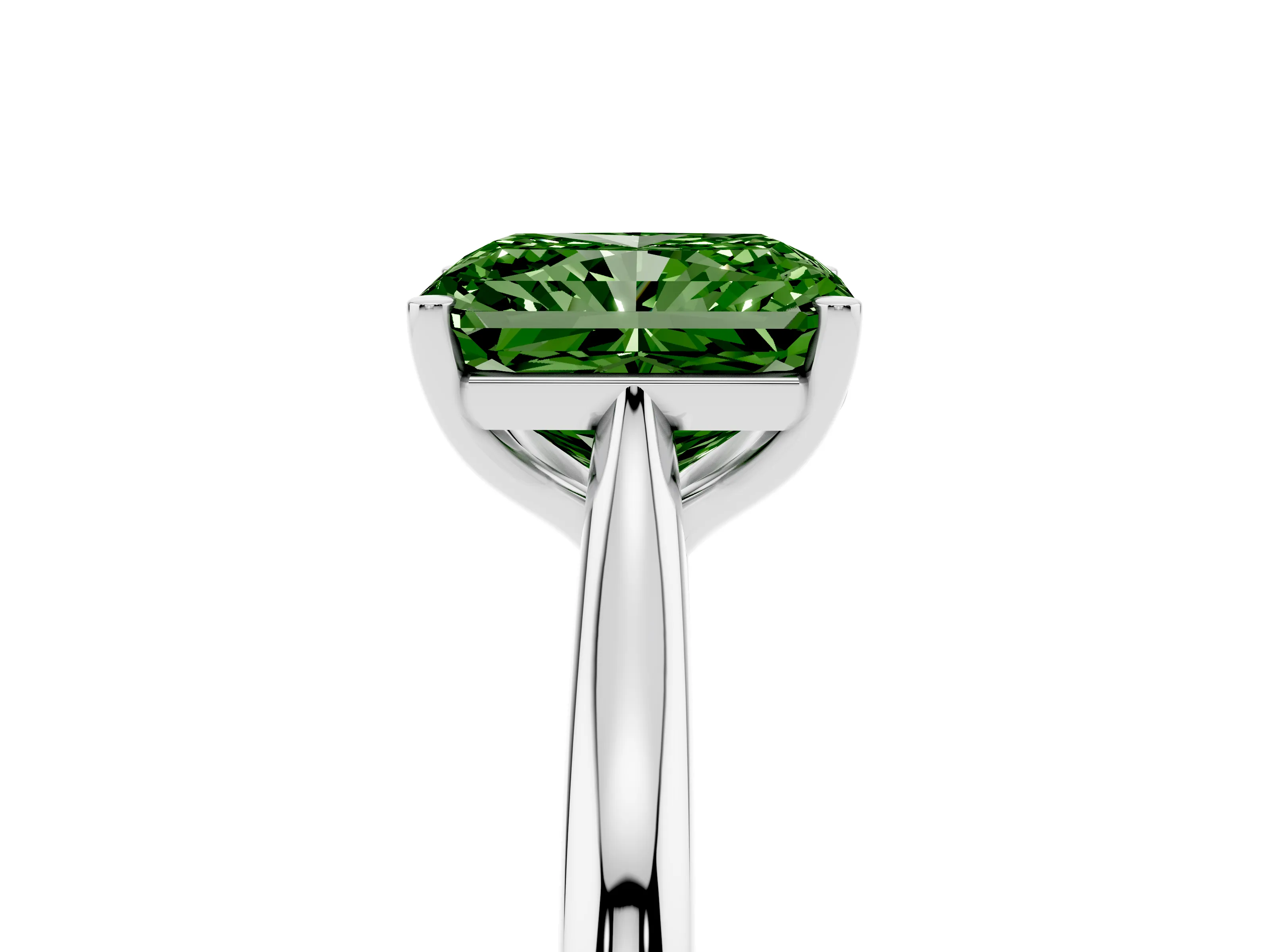 Fancy Green Radiant Cut Diamond Solitaire Ring Set in Silver with Cathedral Band and Prong Setting