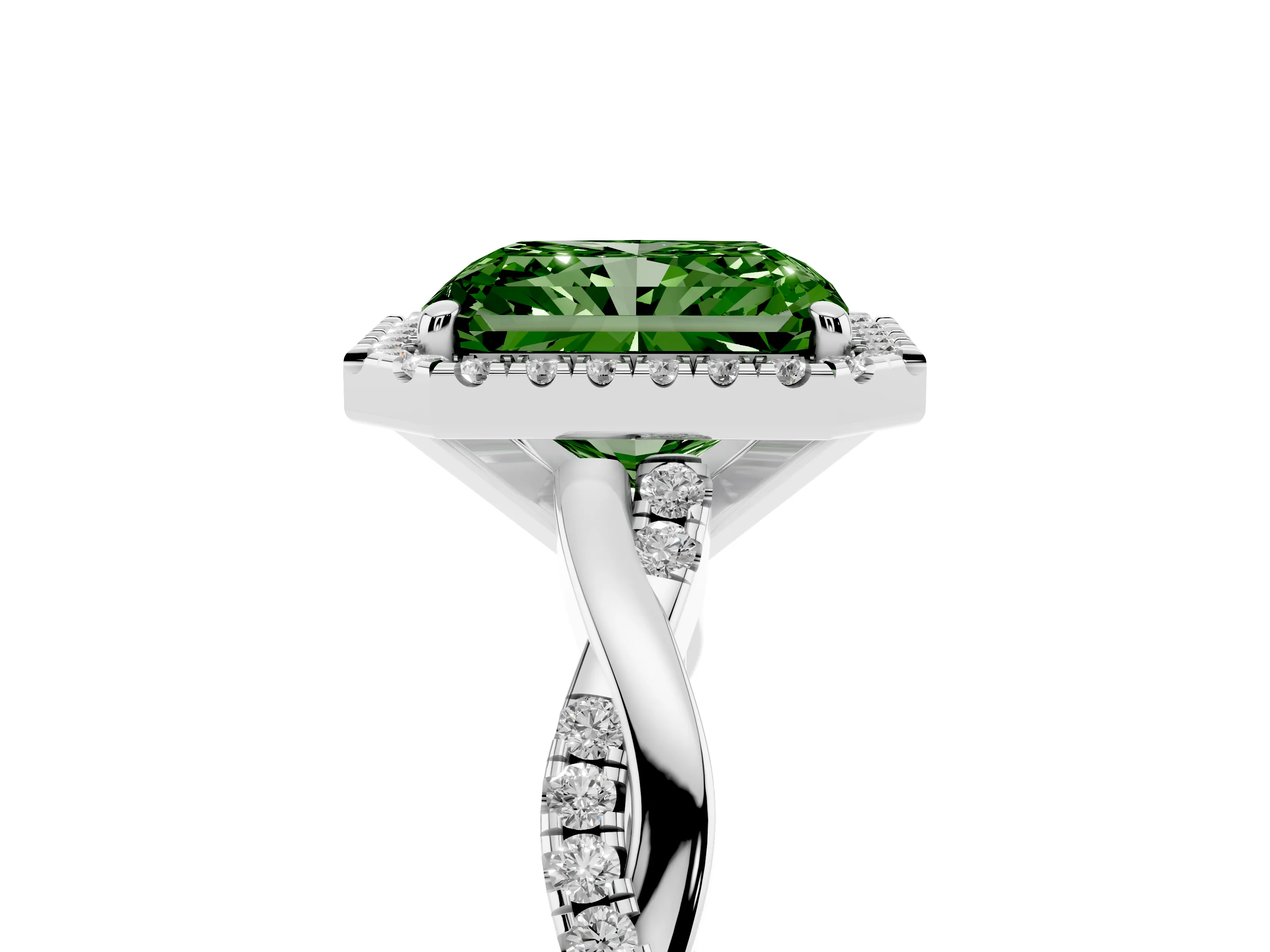 Fancy Green Radiant Cut Diamond Halo Twisted Band Ring Set in White gold with Prong Setting