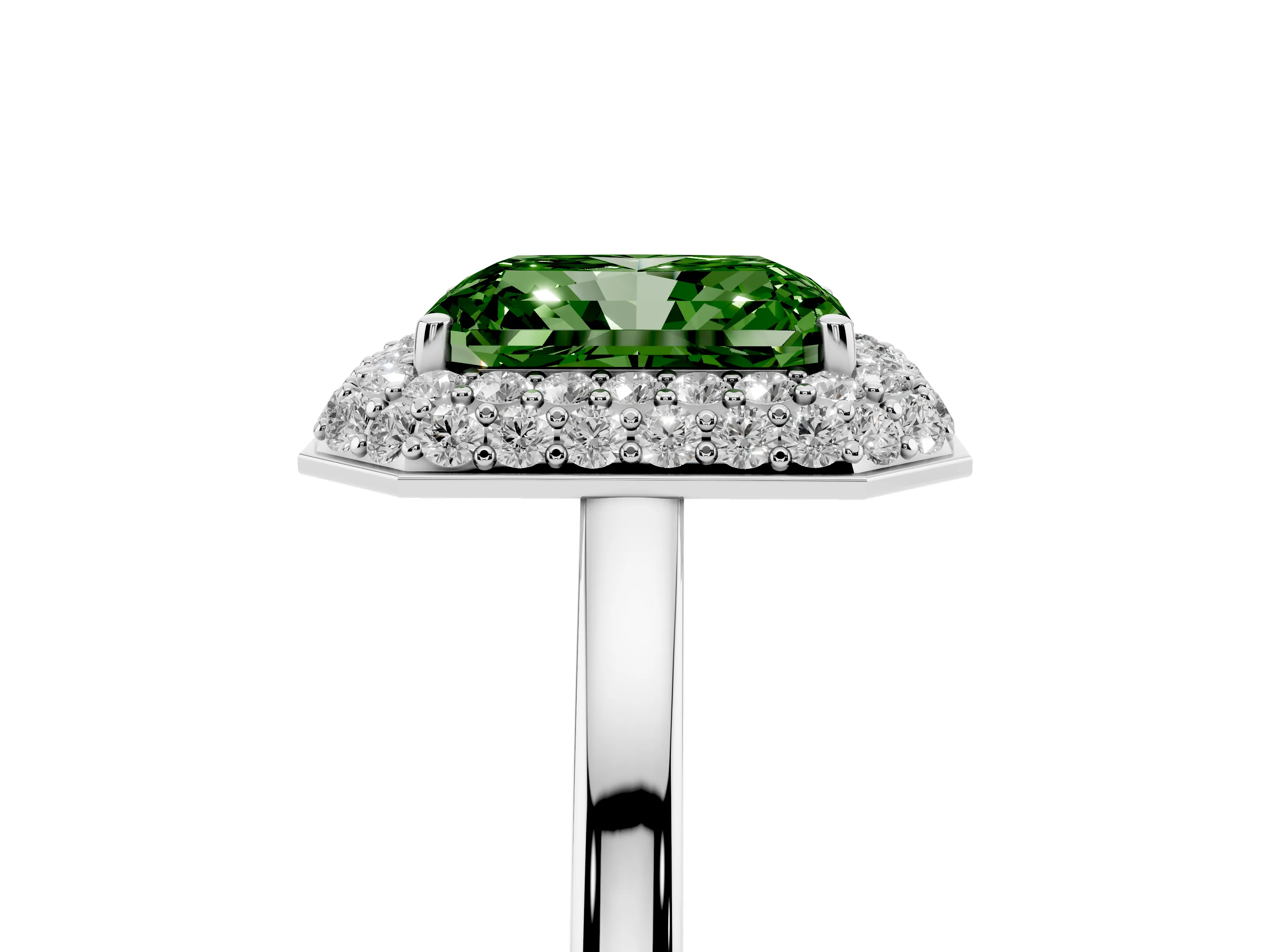 Fancy Green Radiant Cut Diamond Halo Engagement Ring Set in Platinum with Solitaire Band and Prong Setting