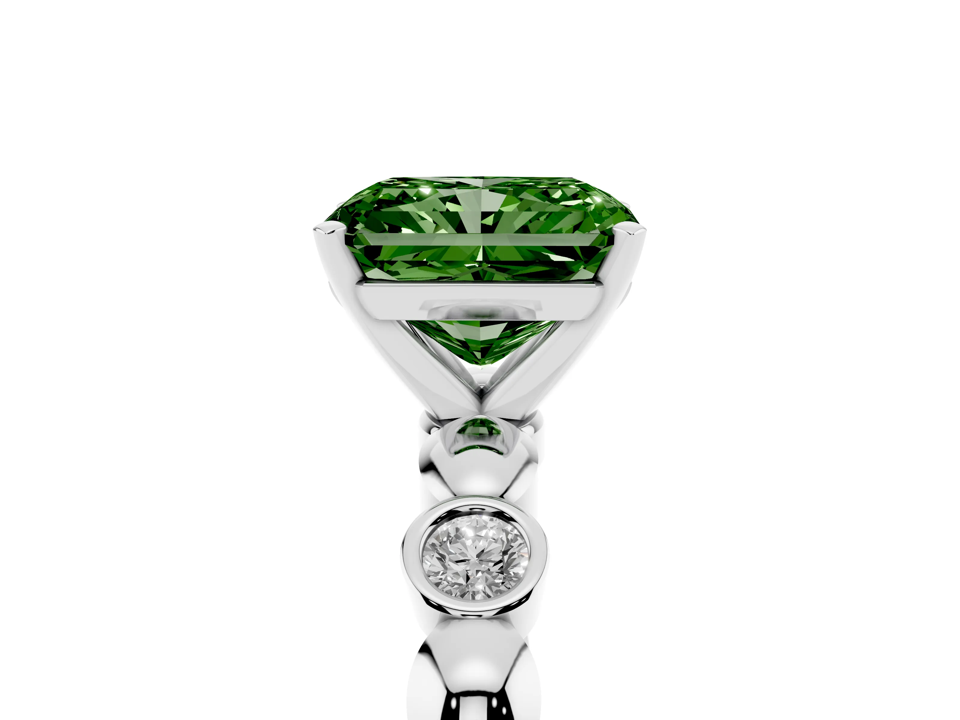 Fancy Green Radiant Cut Diamond Solitaire Ring Set in White gold with Bezel-Set Accents on Beaded Band and Prong Setting