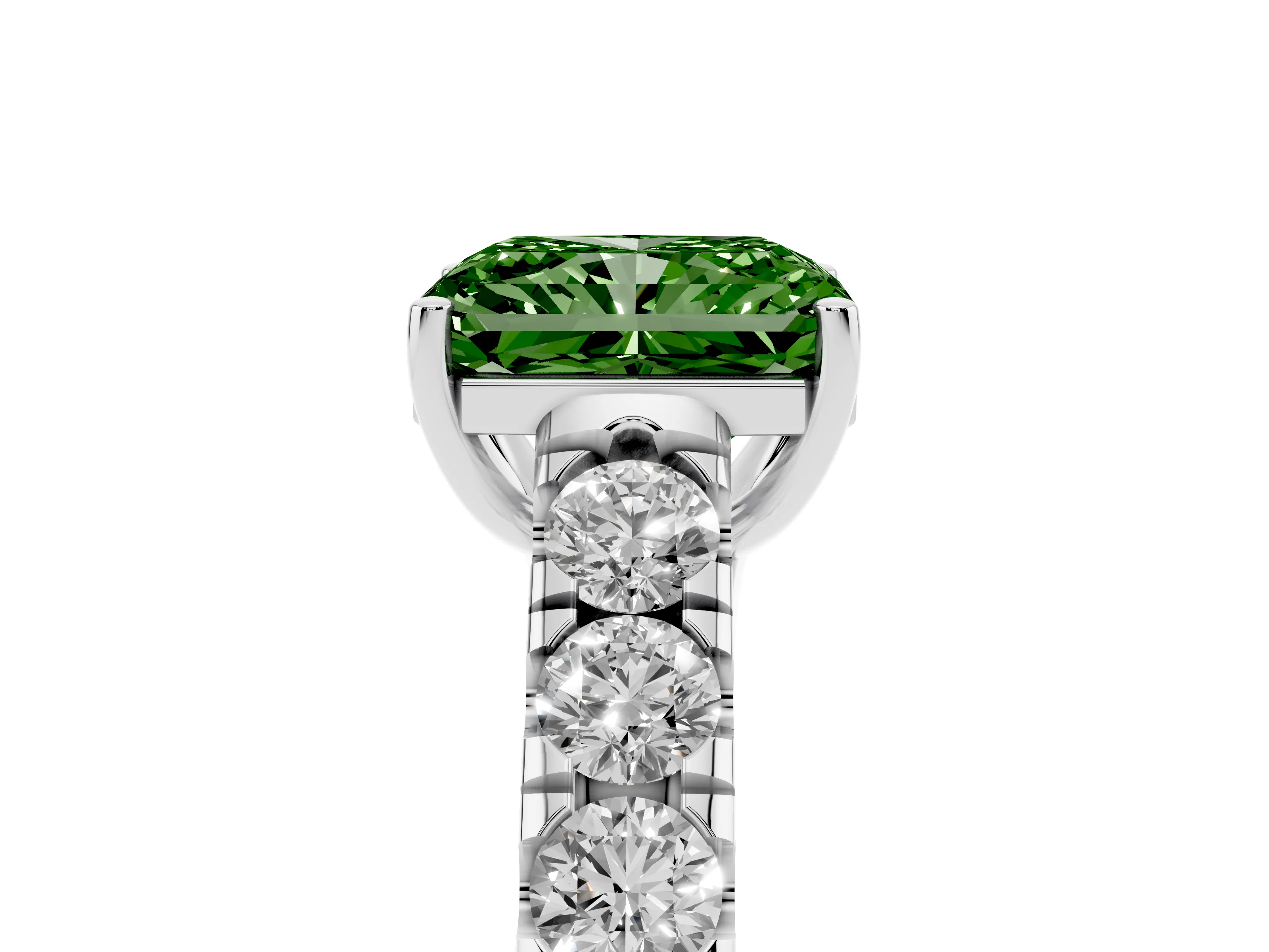 Fancy Green Radiant Cut Diamond Solitaire Ring Set in Silver with Cut-Down Micro Pavé Band and Prong Setting
