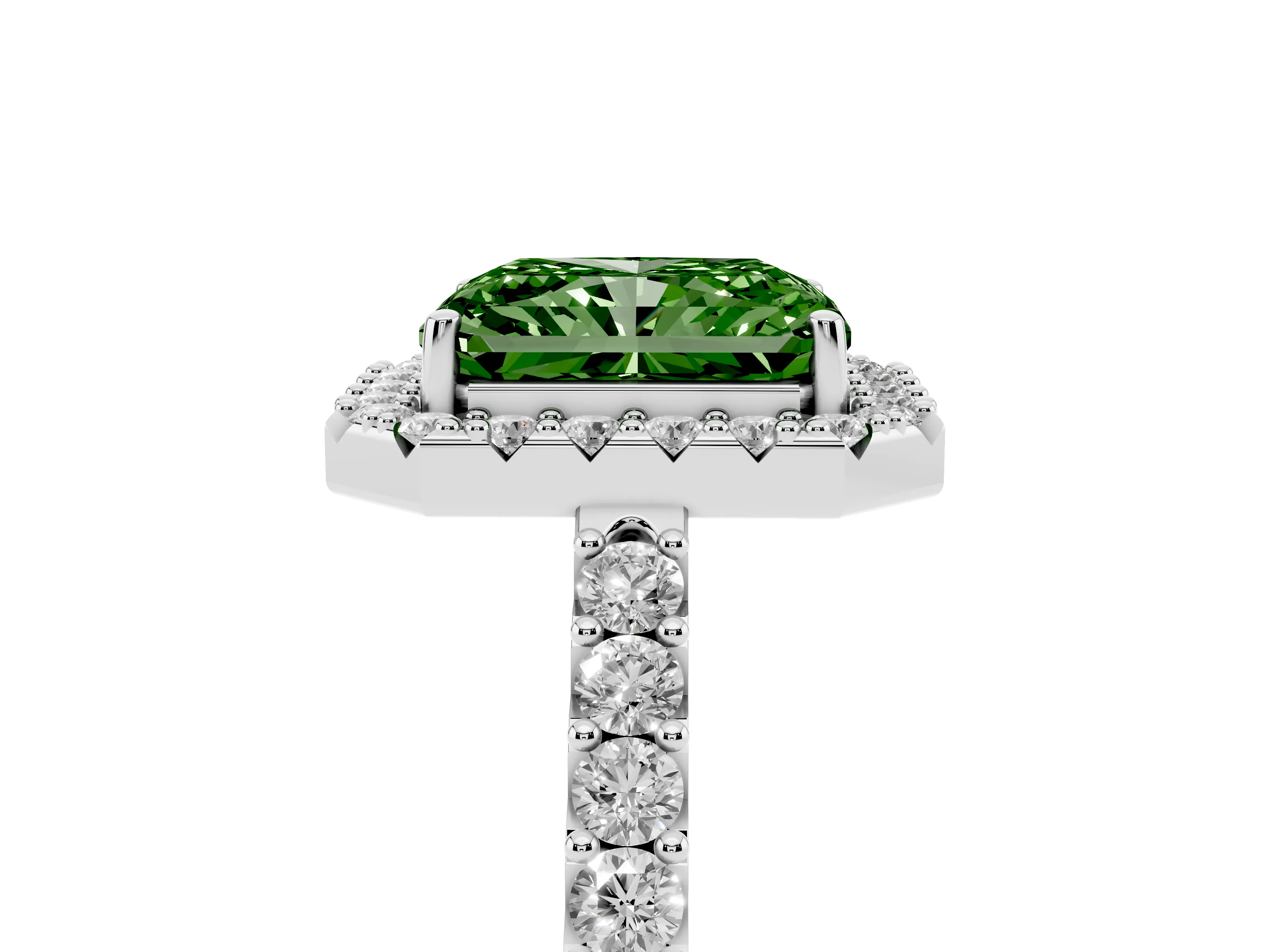 Fancy Green Radiant Cut Diamond Halo Pavé Solitaire Ring Set in Platinum with Prong-Set Center Stone