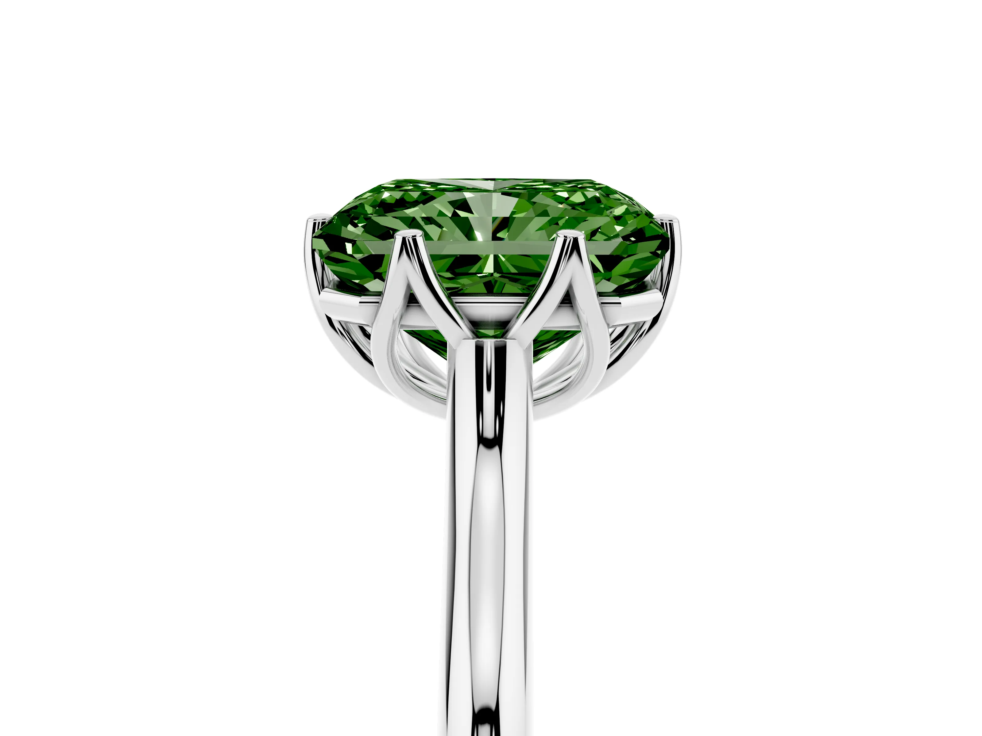 Fancy Green Radiant Cut Diamond Solitaire Cathedral Ring Set in Platinum with Prong Setting