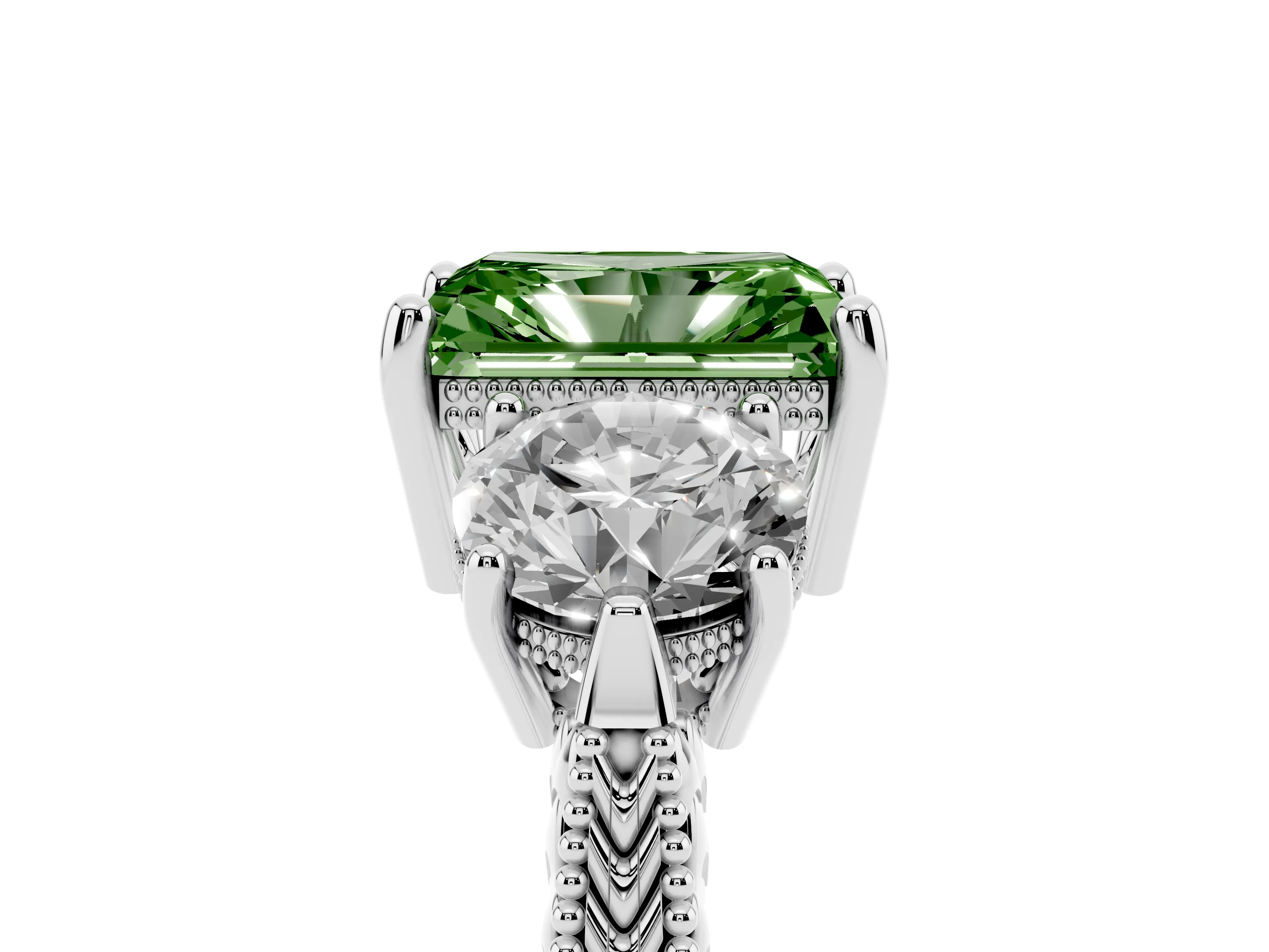 Fancy Green Radiant Cut Diamond Three-Stone Ring Set in Silver with Milgrain Band