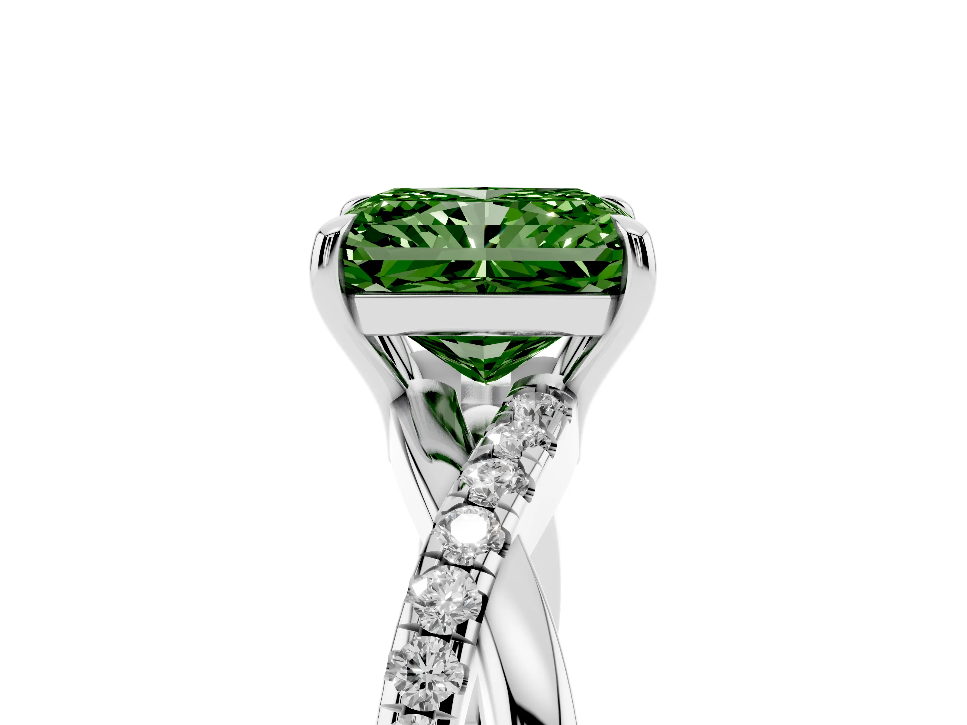 Fancy Green Radiant Cut Diamond Twisted Pavé Band Ring Set in Silver with Prong Setting