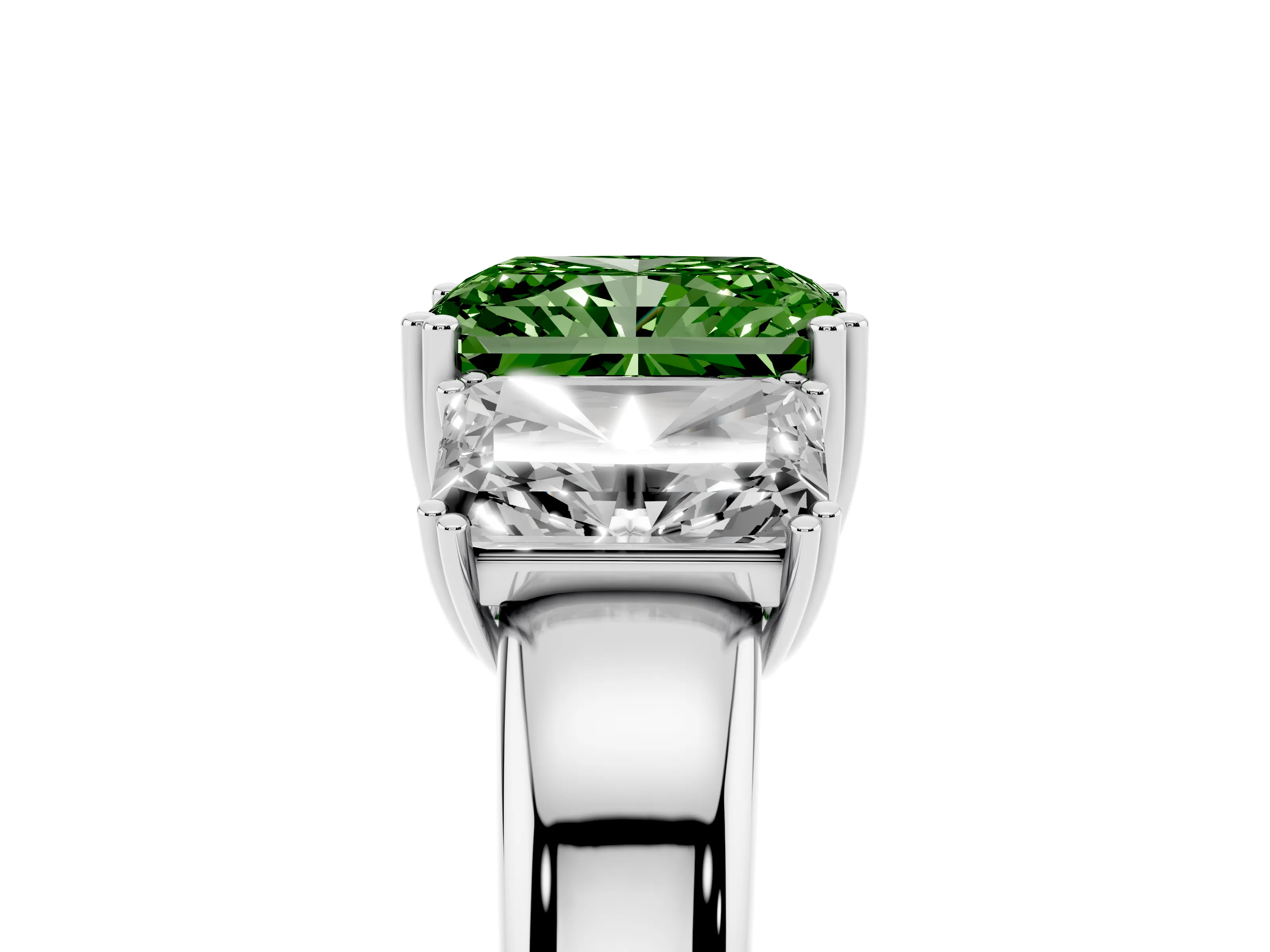 Fancy Green Radiant Cut Diamond Three-Stone Ring Set in Platinum with Polished Channel-Set Band