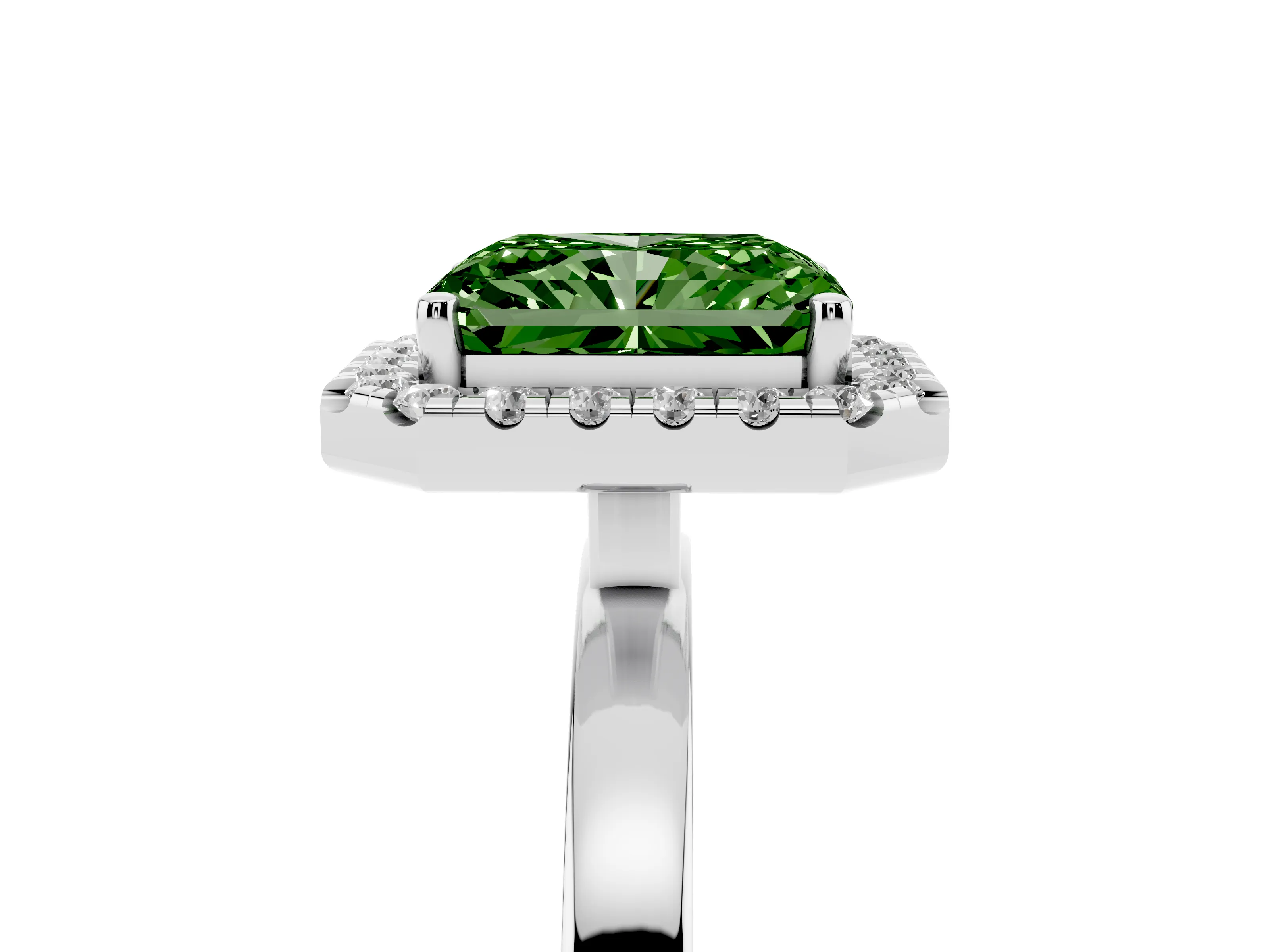 Fancy Green Radiant Cut Diamond Halo Solitaire Ring Set in Platinum with Pavé Band and Prong Setting