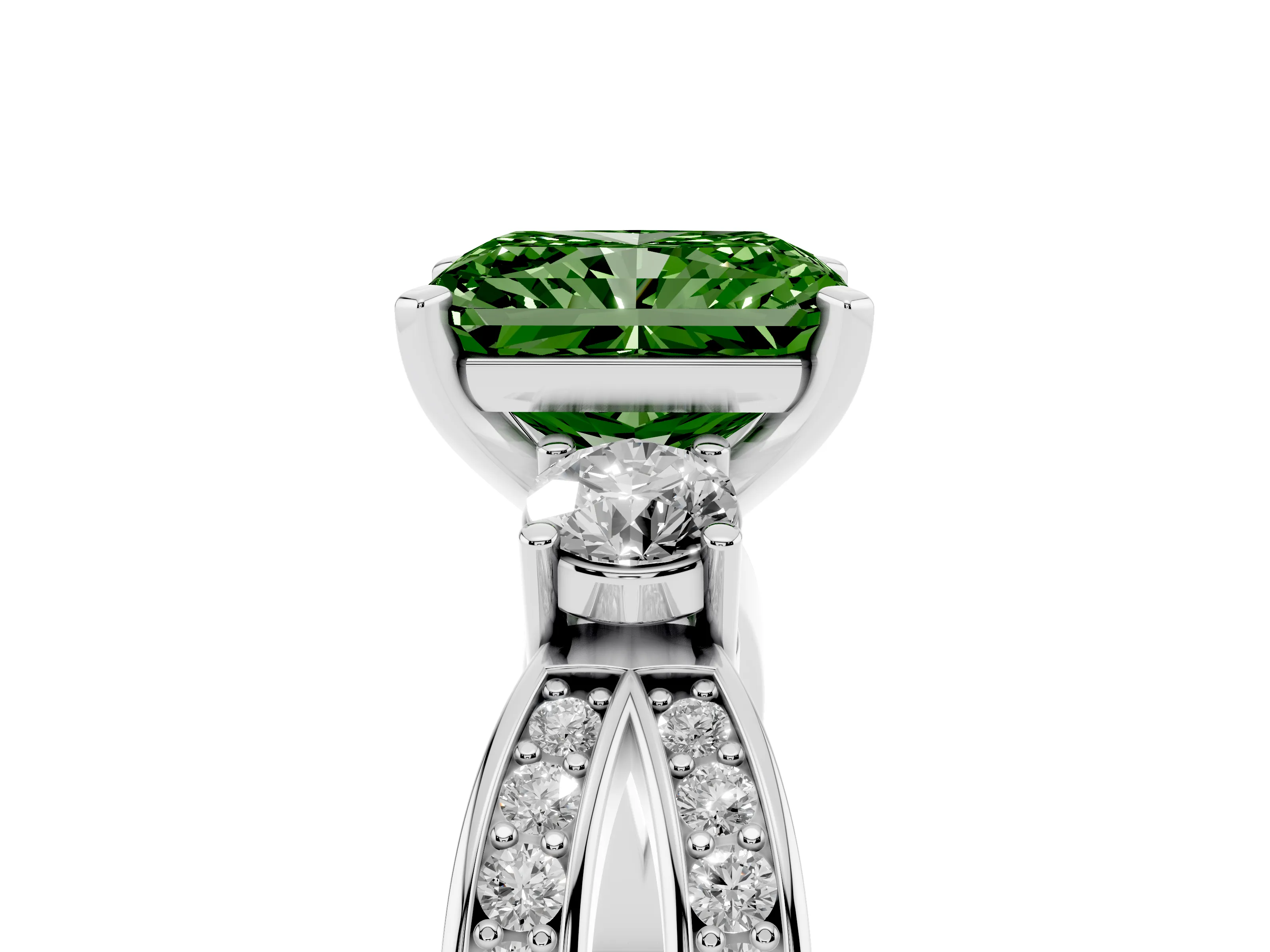 Fancy Green Three-Stone Radiant Cut Diamond Twist Band Ring Set in Platinum with Pavé Accents and Prong Setting