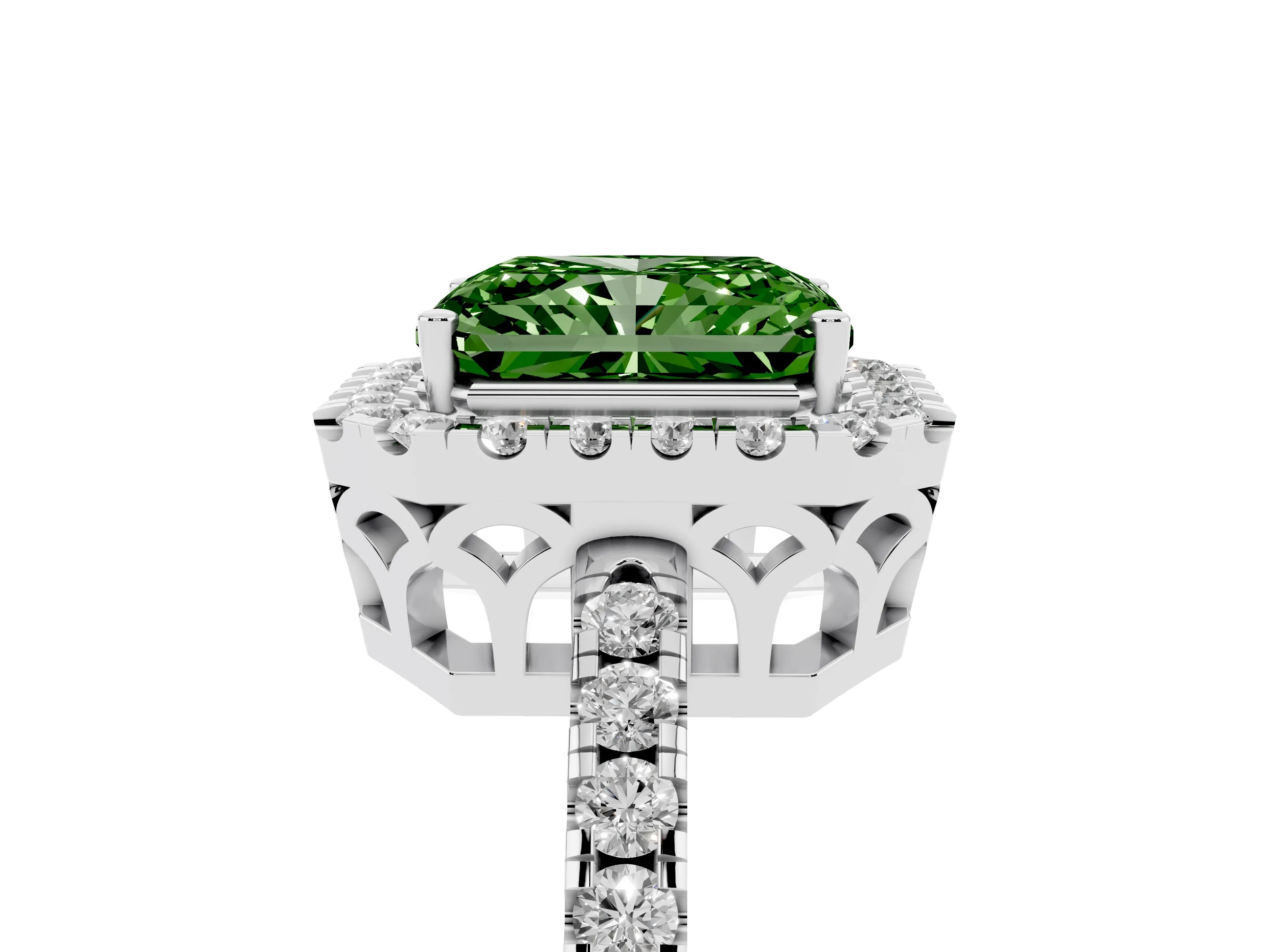 Fancy Green Radiant Cut Diamond Pavé Band Halo Engagement Ring Set in White gold with Prong Setting