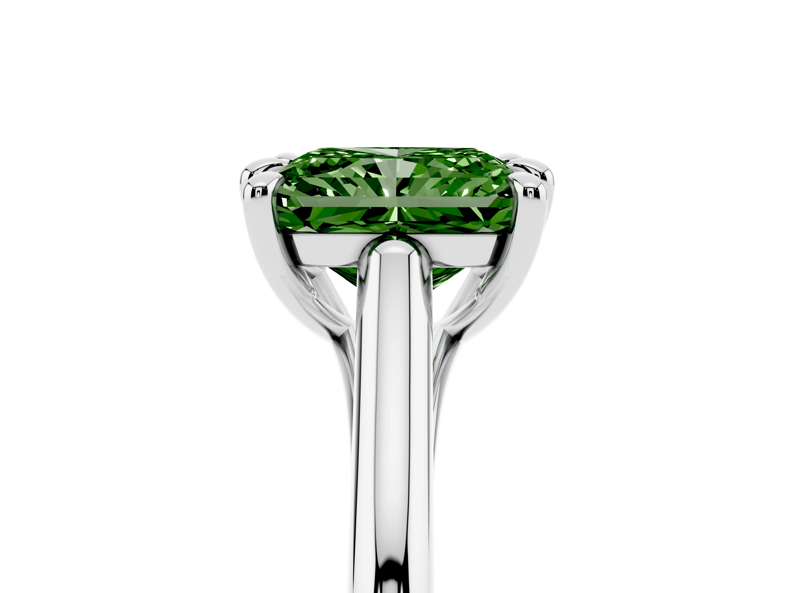 Fancy Green Radiant Cut Diamond Solitaire Engagement Ring Set in Silver with Prong Setting and Plain Classic Band