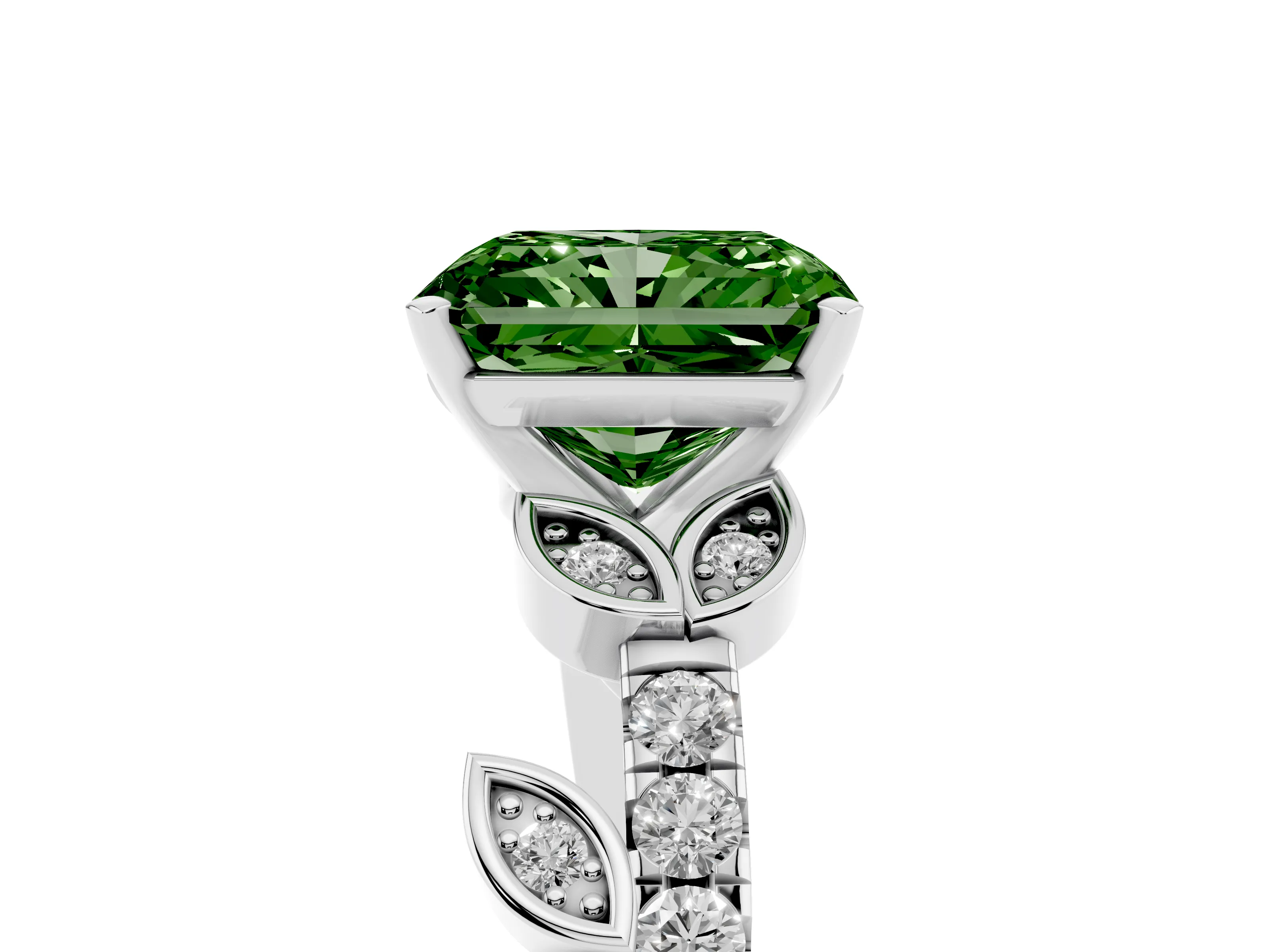 Fancy Green Radiant Cut Diamond Solitaire Leaf-Inspired Ring Set in Platinum with Pavé Band and Prong Setting