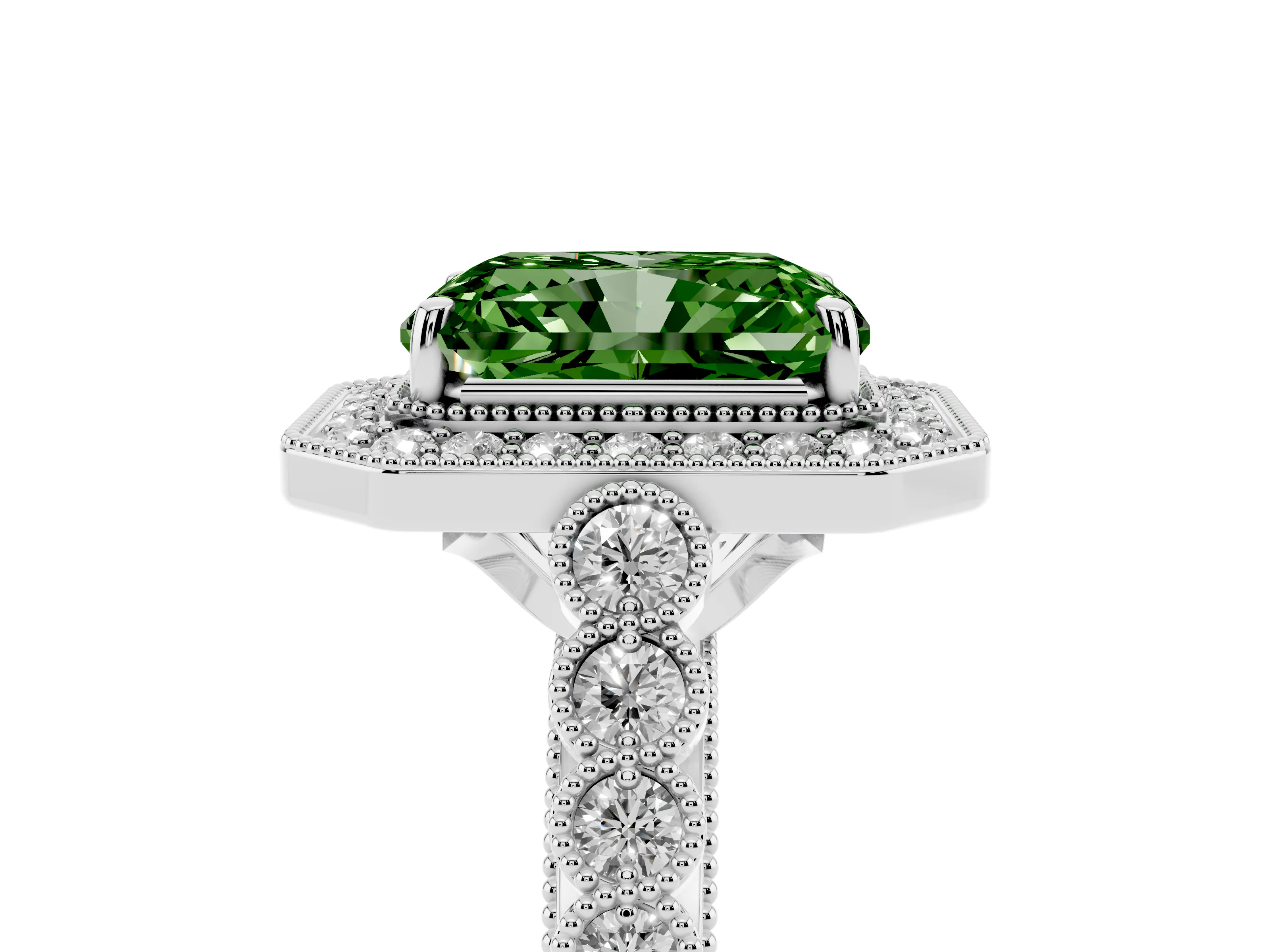 Fancy Green Radiant Cut Diamond Milgrain Halo Solitaire Ring Set in White gold with Bezel Set Side Stones and Pavé Band