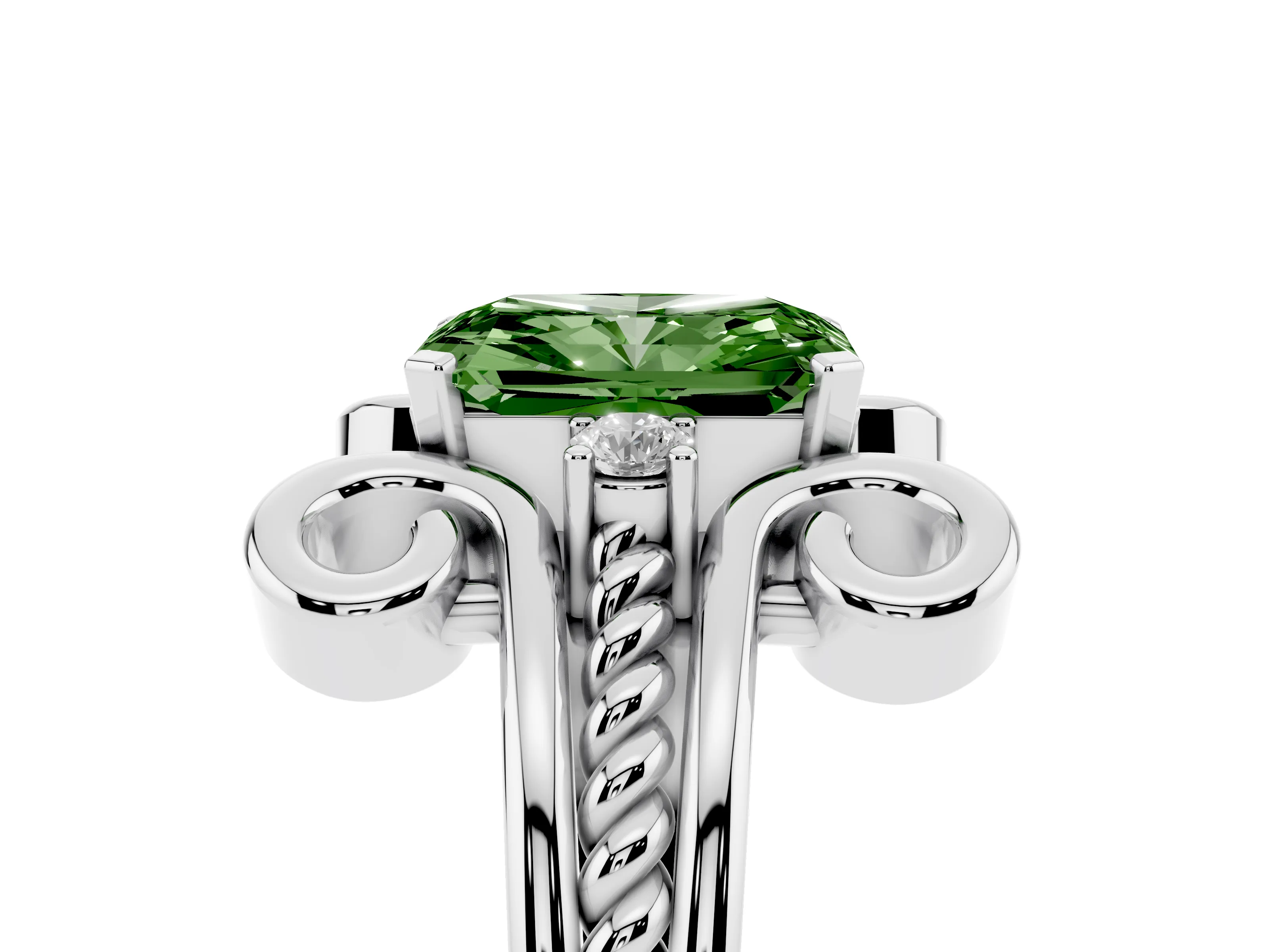 Fancy Green Radiant Cut Diamond Twisted Band Solitaire Ring Set in Platinum with Scroll Prongs