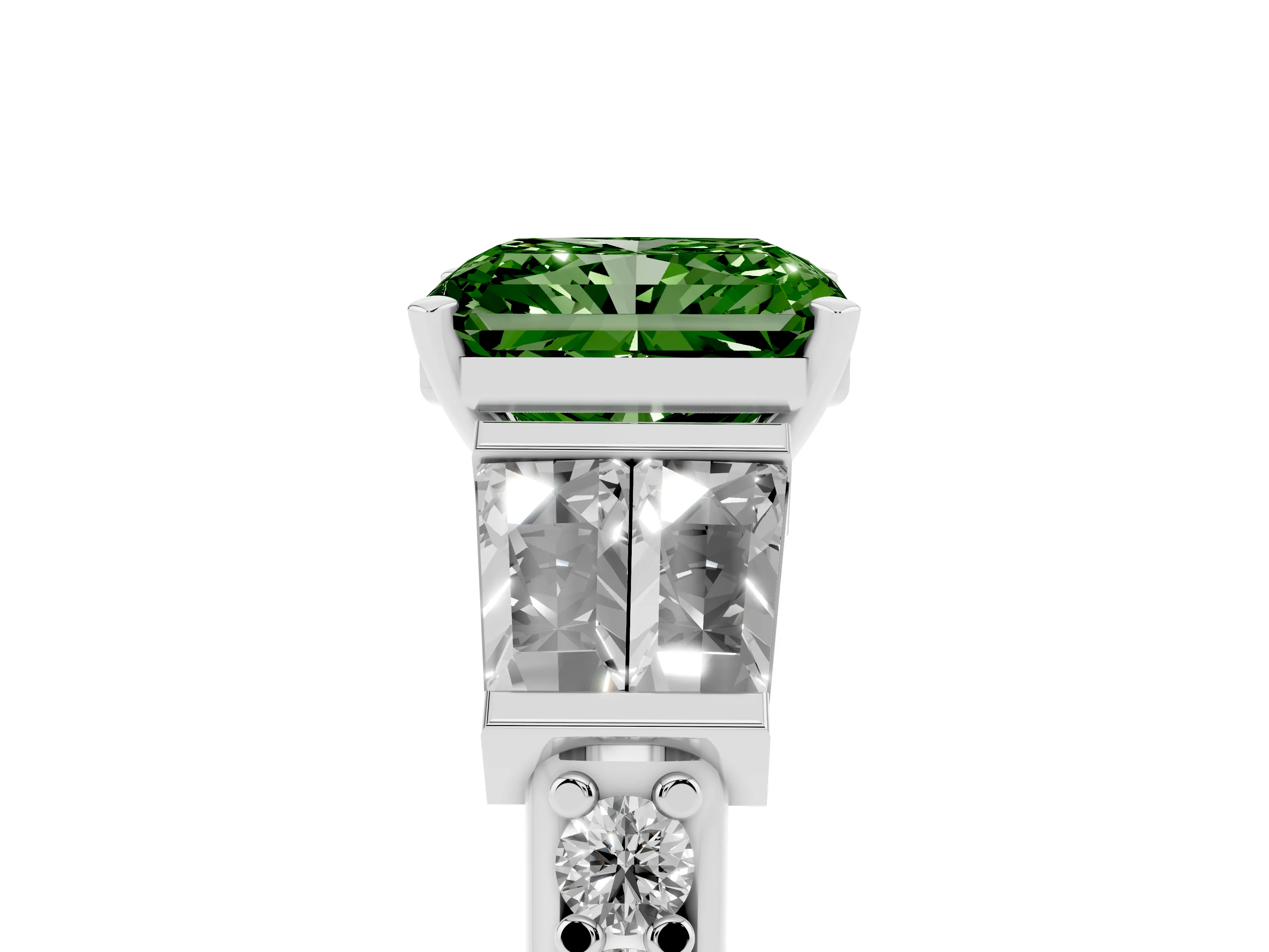 Fancy Green Radiant Cut Diamond Engagement Ring Set in Silver with Baguette Side Stones and Channel Set Band