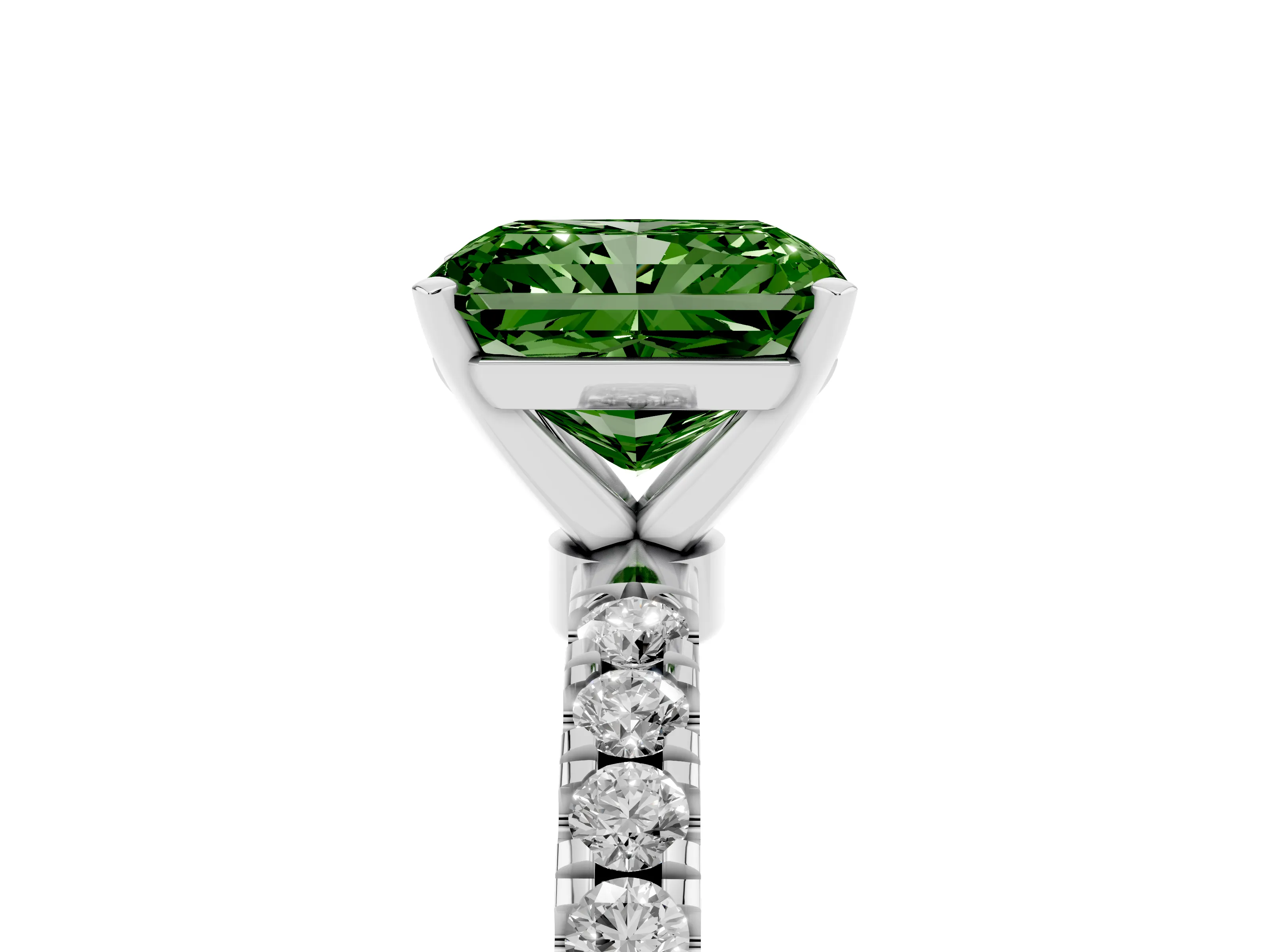 Fancy Green Radiant Cut Diamond Solitaire Ring Set in Silver with Pavé Accents and Prong Setting