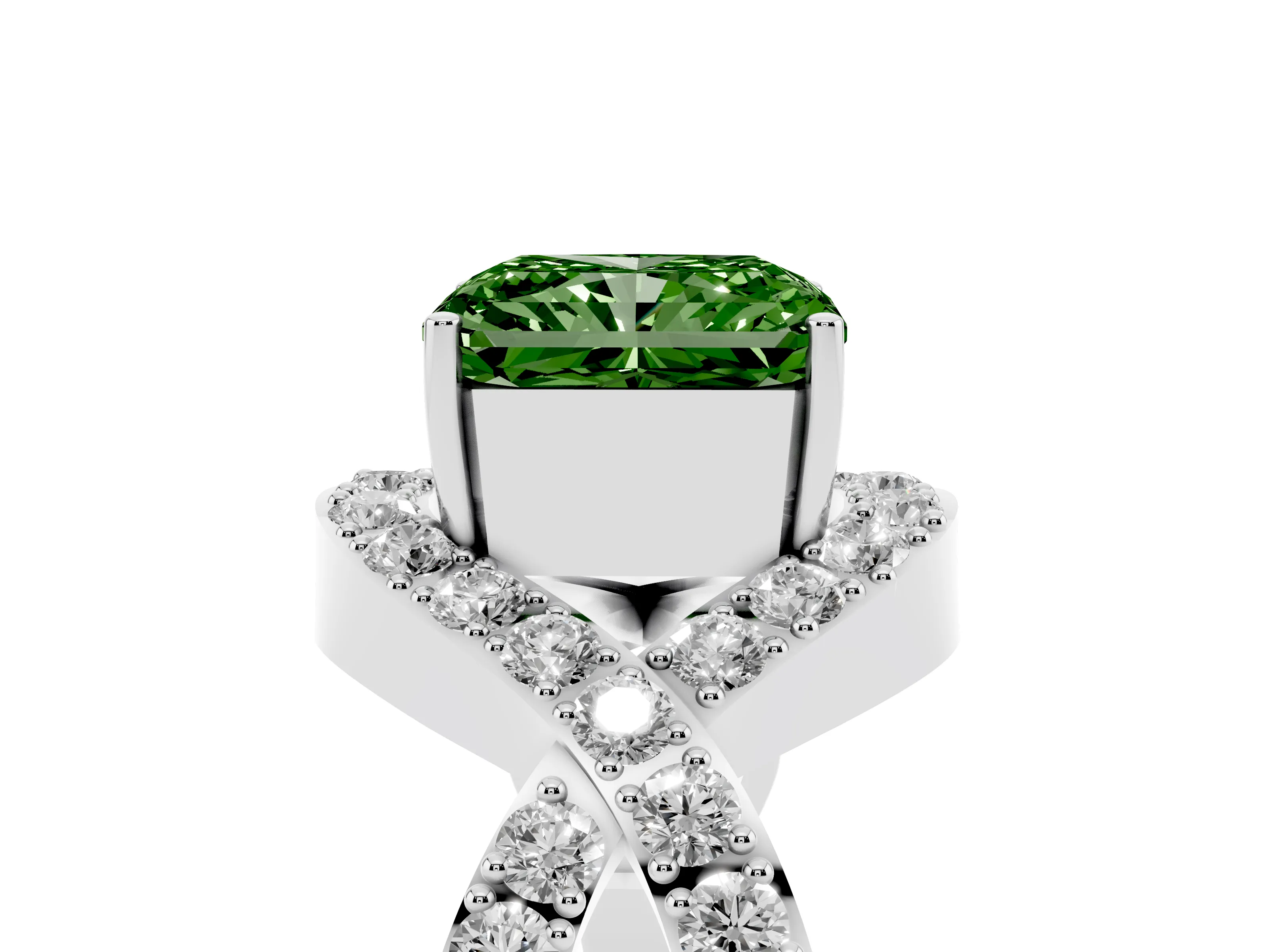 Fancy Green Radiant Cut Diamond Solitaire Twist Band Pavé Engagement Ring Set in White gold
