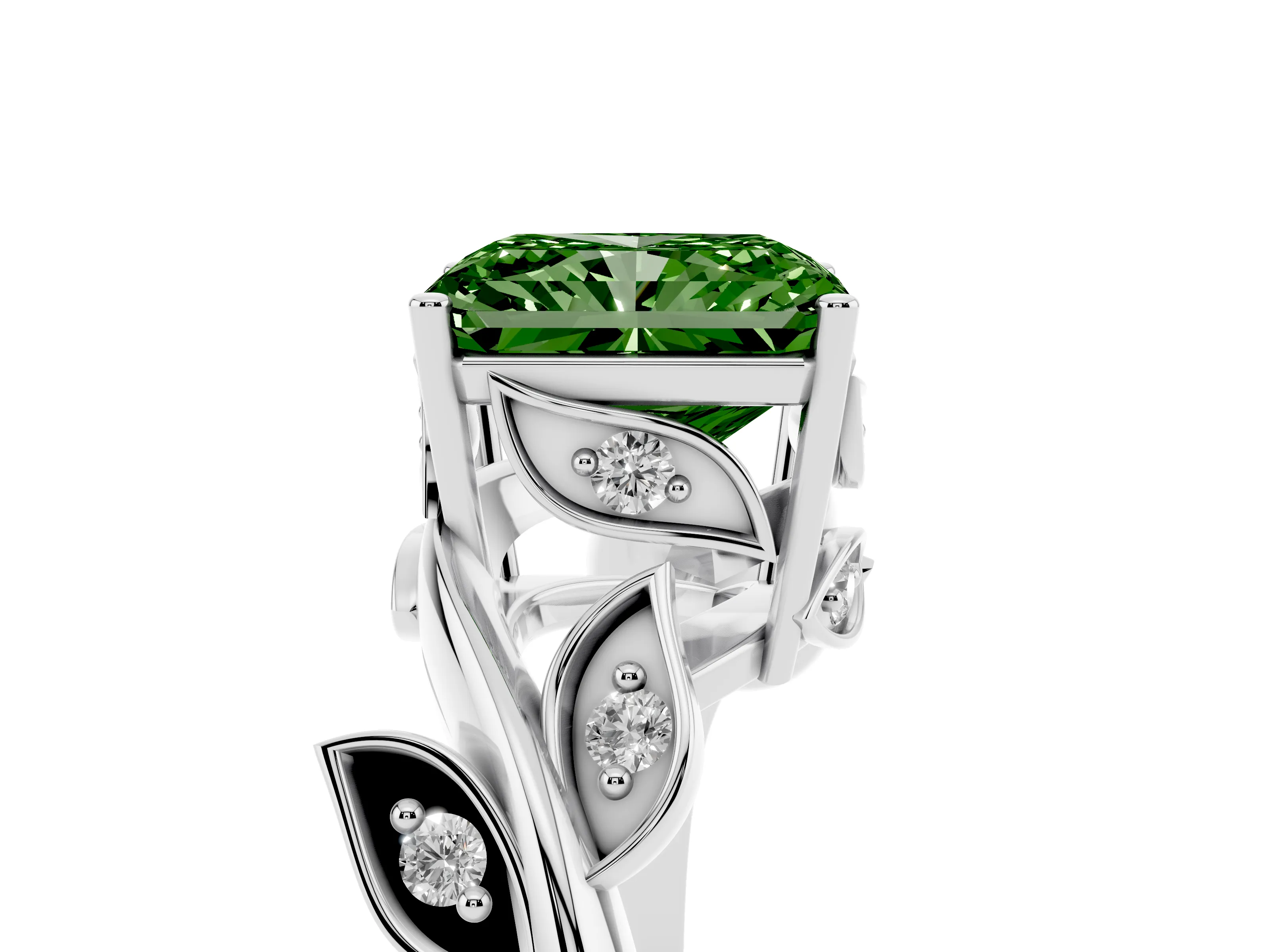 Fancy Green Radiant Cut Diamond Solitaire Twist Engagement Ring Set in White gold with Pavé Leaf Accents