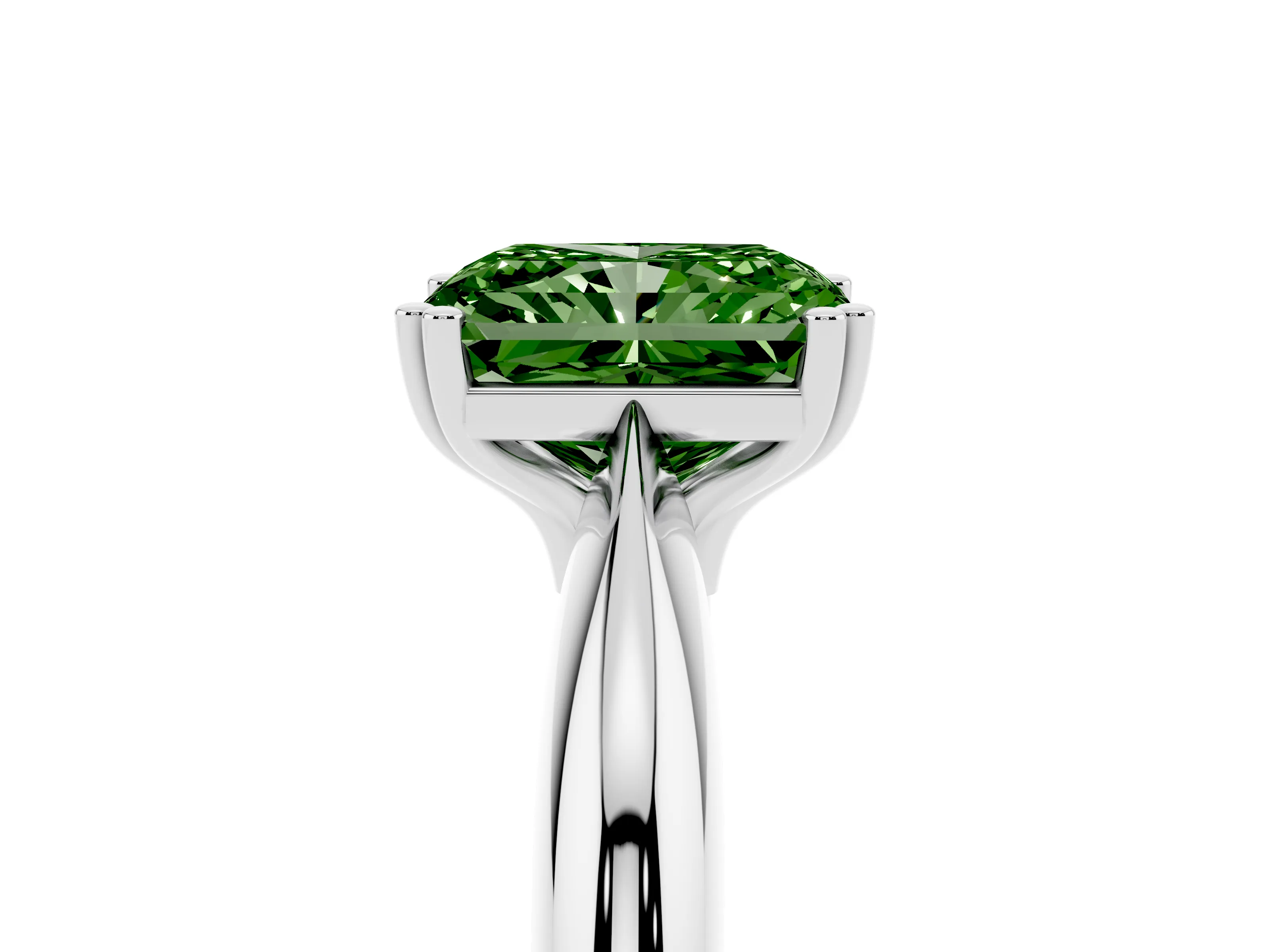 Fancy Green Radiant Cut Diamond Solitaire Engagement Ring Set in White gold with Tapered Band and Prong Setting