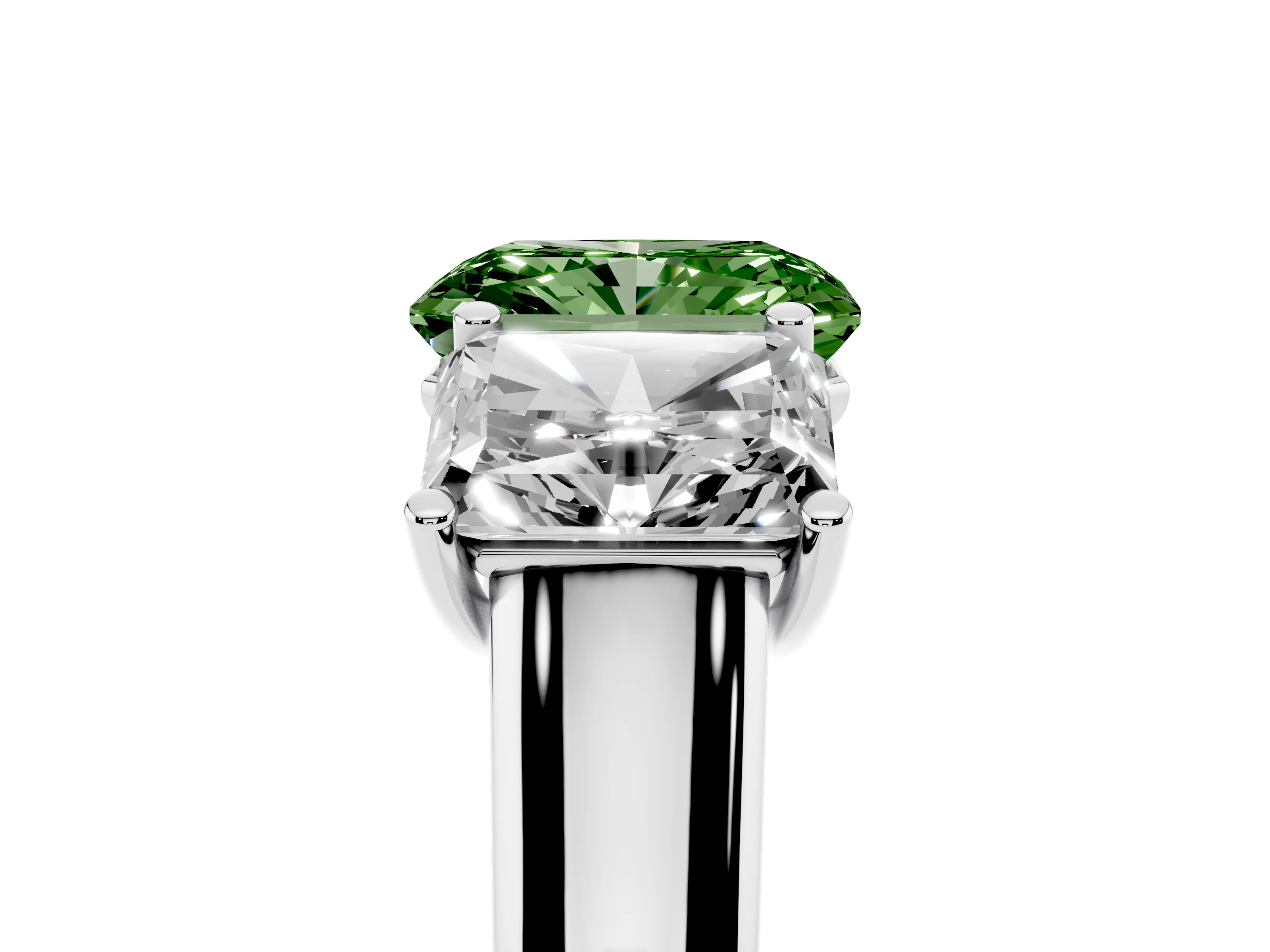 Fancy Green Radiant Cut Diamond Three-Stone Ring Set in White gold with Plain Polished Band