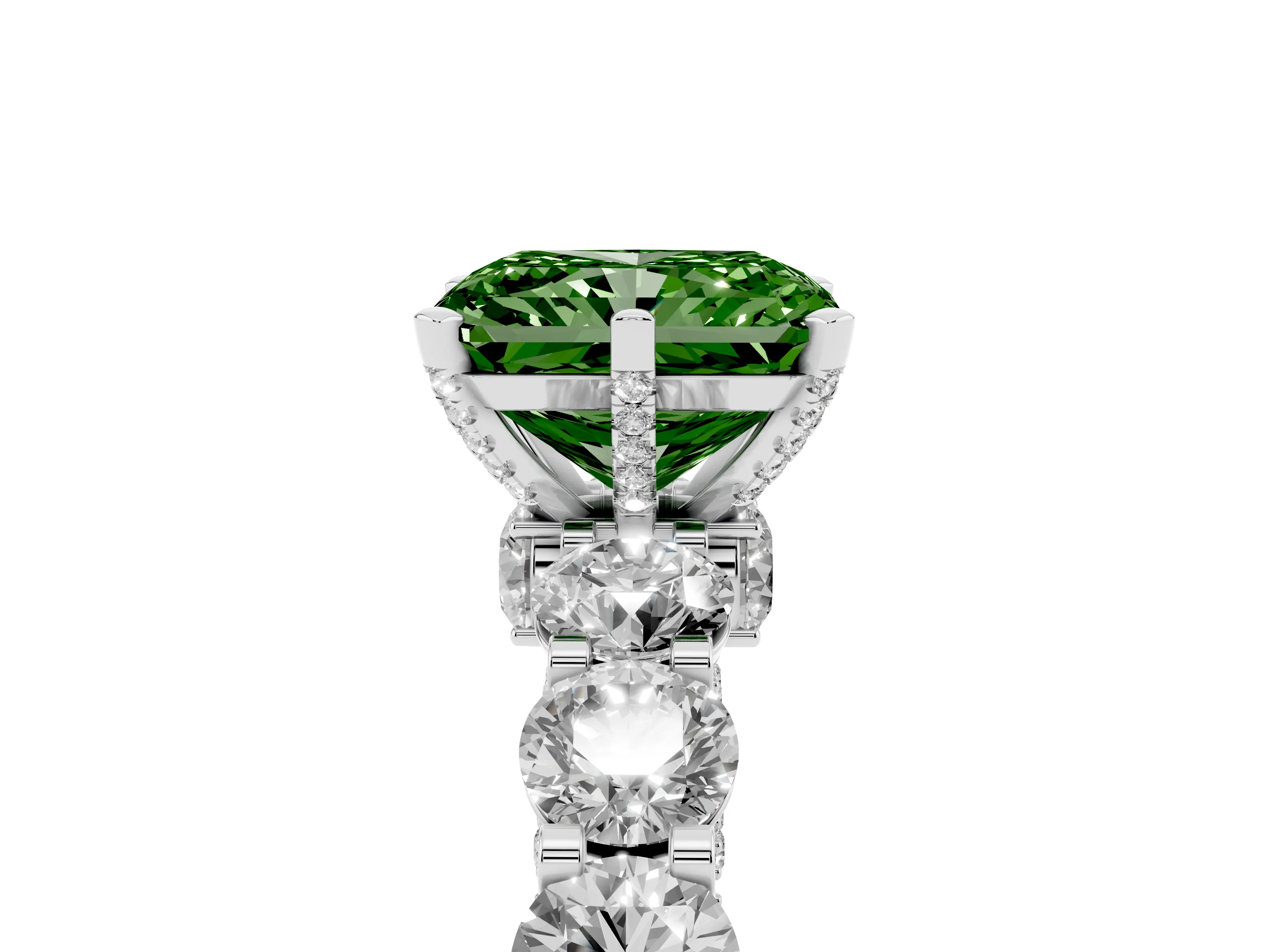 Fancy Green Radiant Cut Diamond Side Stone Ring Set in White gold with Alternating Round and Oval Side Stones