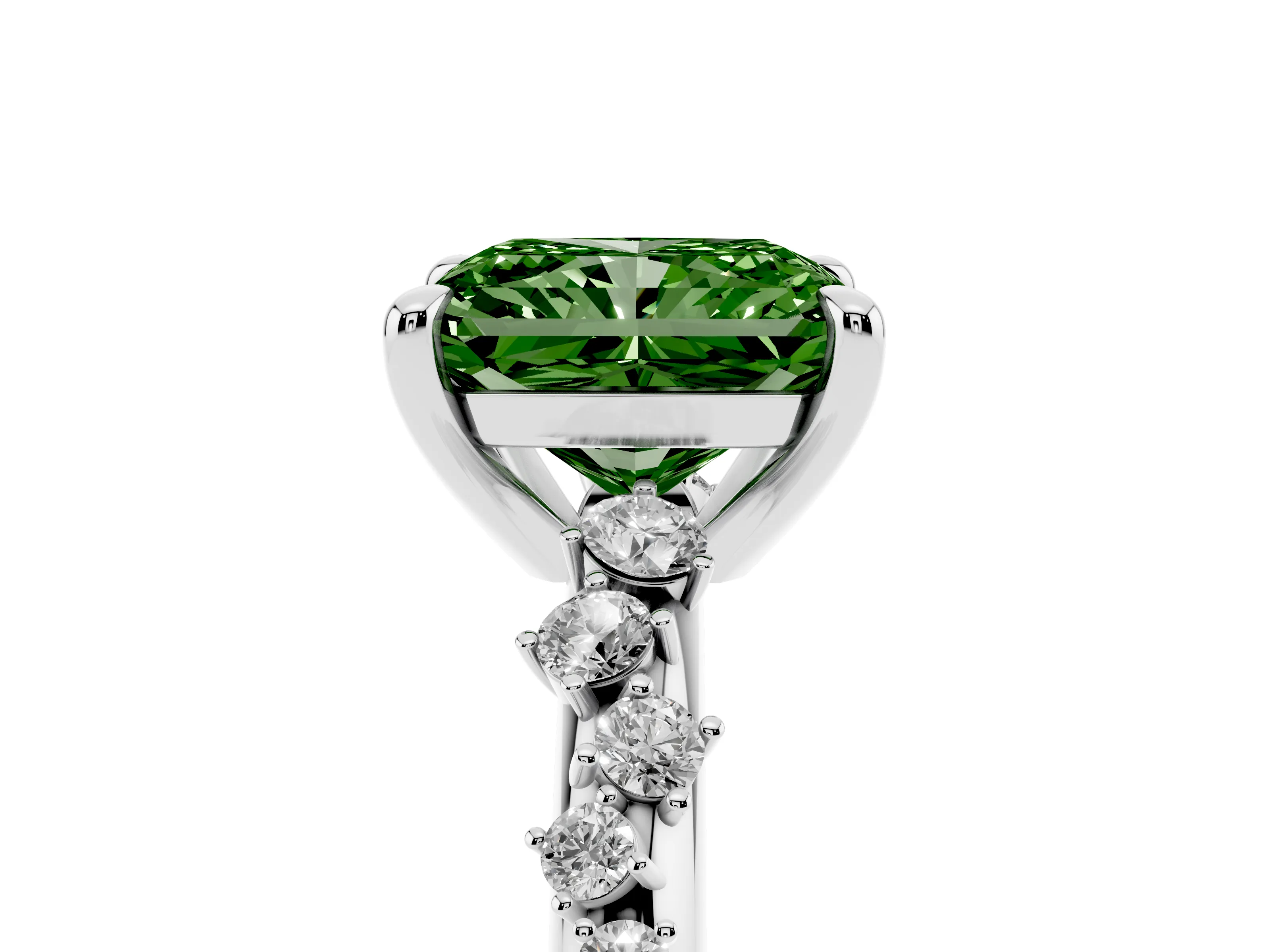 Fancy Green Radiant Cut Diamond Solitaire Vine Band Ring Set in Platinum with Round Accents and Prong Setting